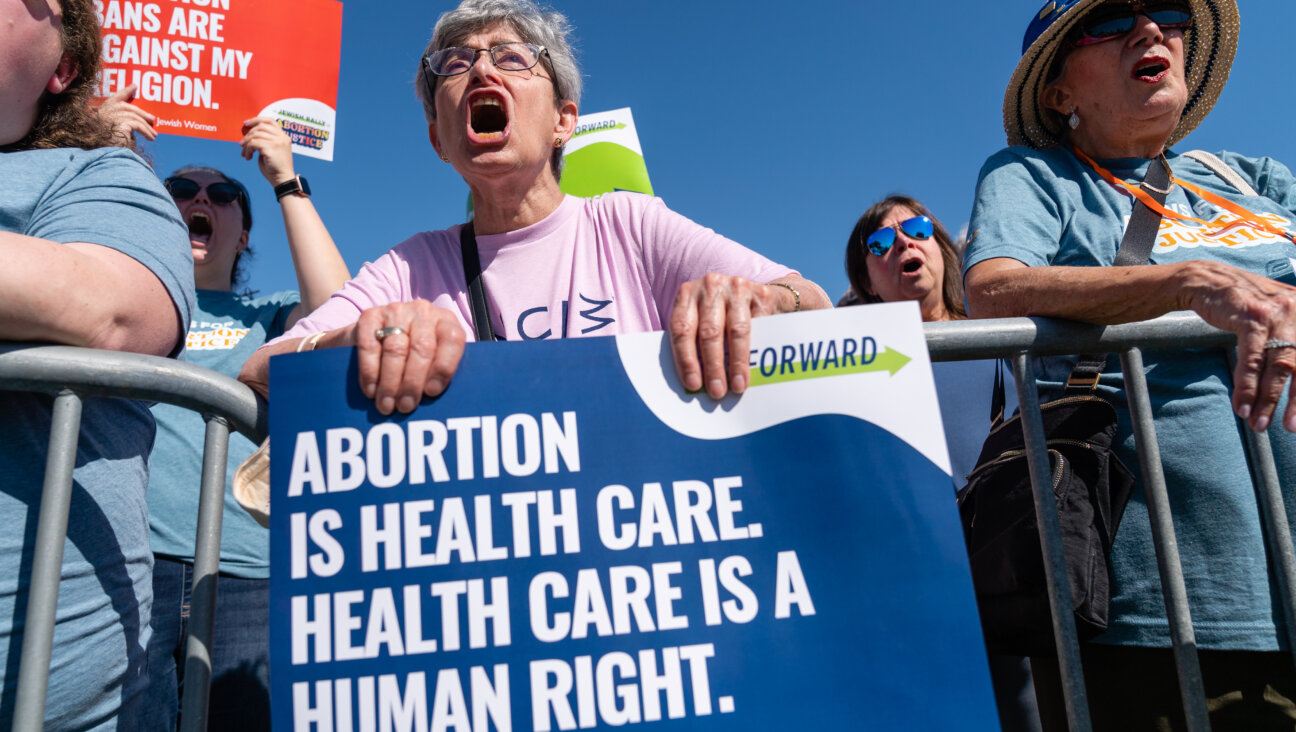 A woman with gray hair shouts at a rally while holding a blue sign that says, "abortion is health care. Health care is a human right."