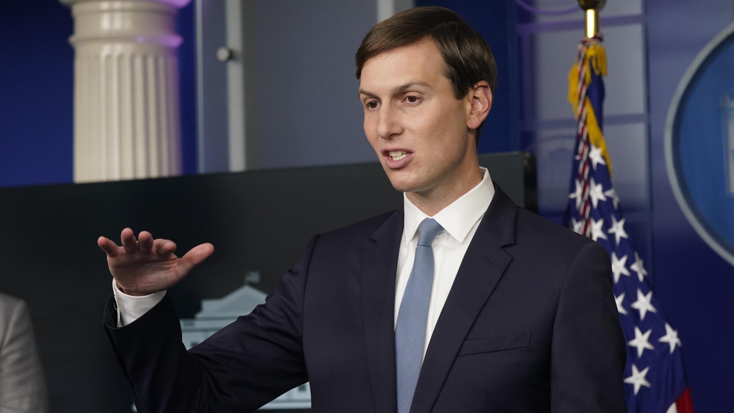 Jared Kushner, senior White House adviser, speaks during a news conference in the James S. Brady Press Briefing Room at the White House in Washington, D.C. on Sept. 4, 2020. 