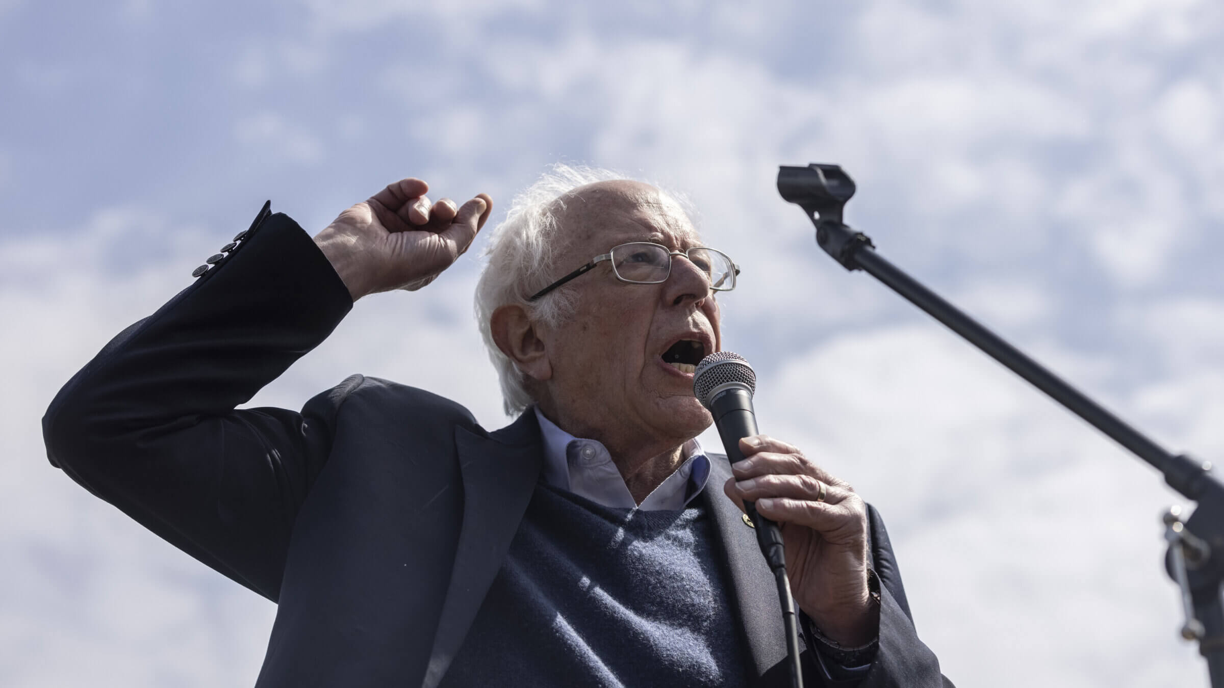Senator Bernie Sanders speaks during an Amazon Labor Union (ALU) rally in the Staten Island borough of New York on April 24, 2022.