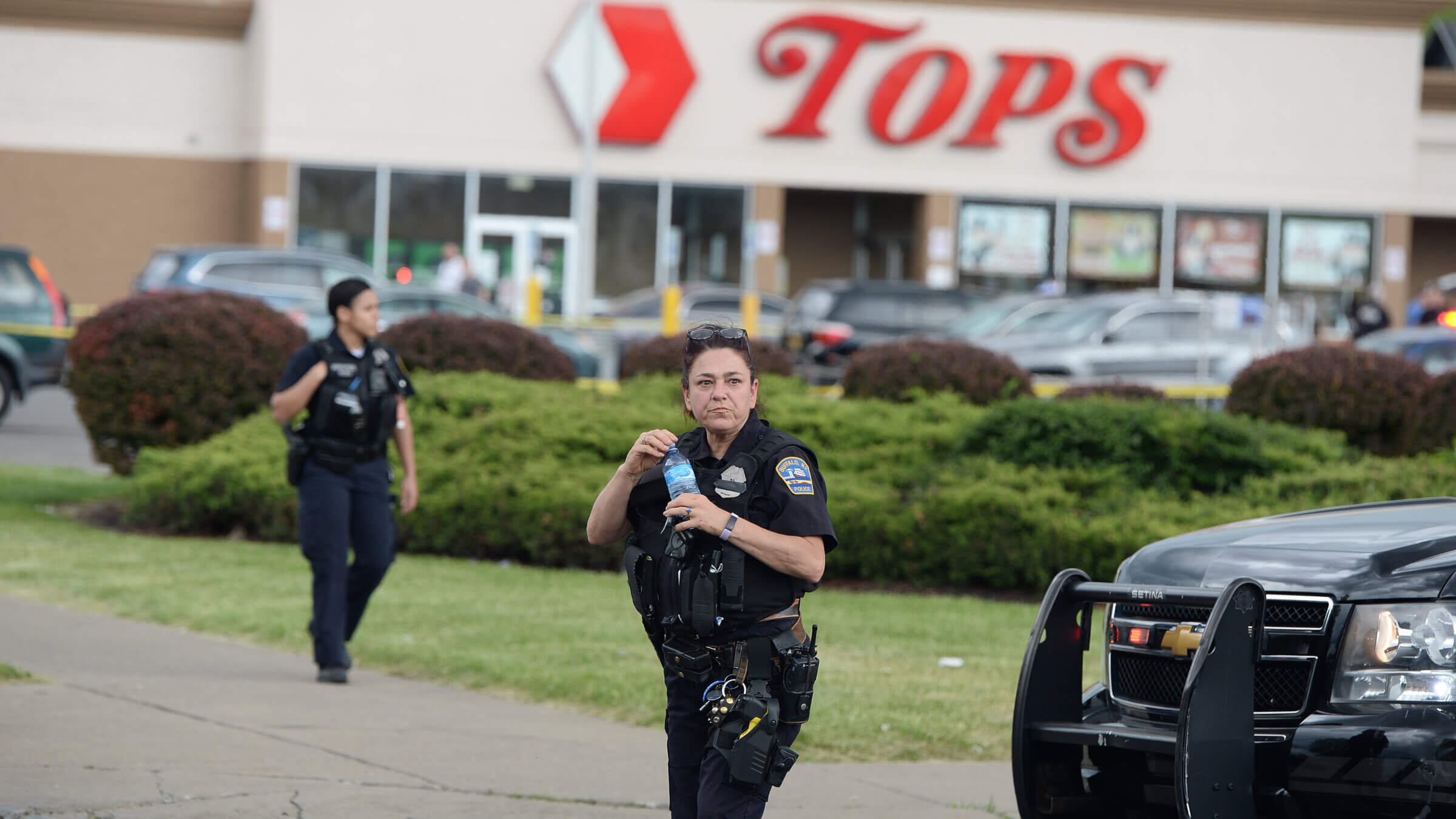 Buffalo Police at the Tops Friendly Market where at least 10 people were killed after a mass shooting by a murderer inspired by racist and antisemitic philosophies.