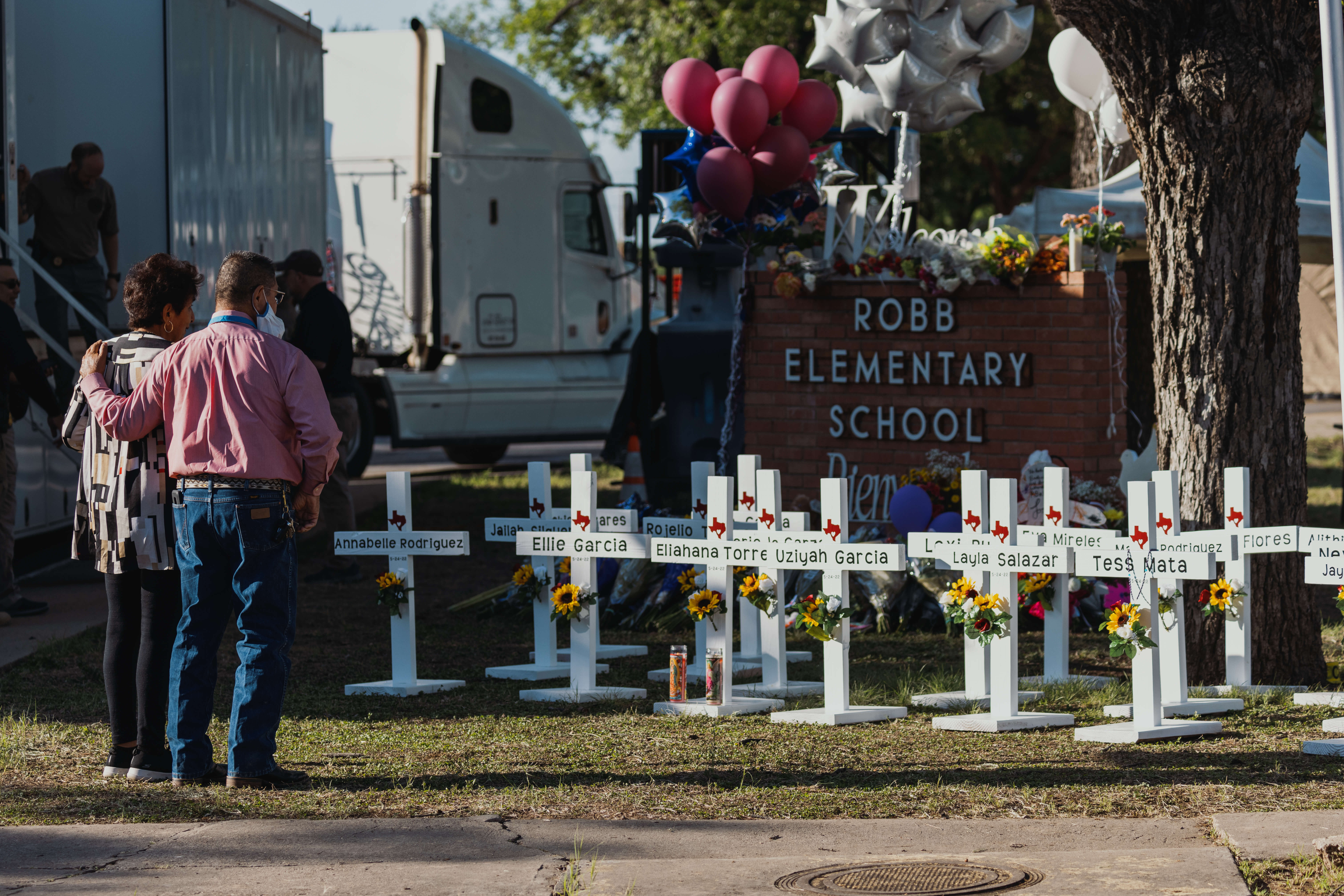 Crosses bearing the names of the victims of a mass shooting in Uvalde, Texas.