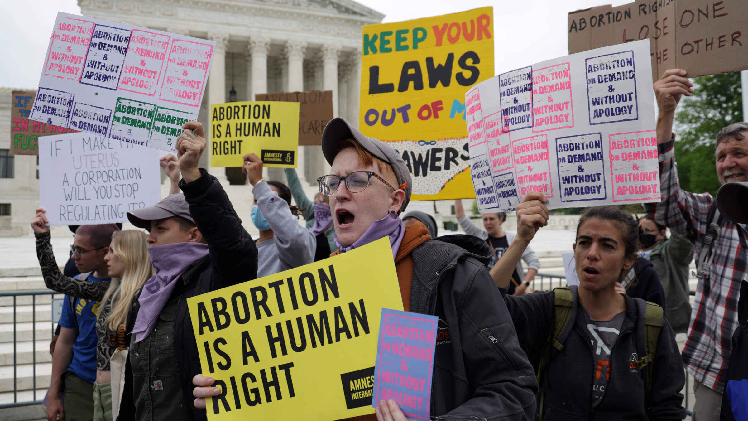 Pro-choice activists protest in response to the leaked Supreme Court draft decision to overturn Roe v. Wade in front of the U.S. Supreme Court May 3, 2022 in Washington, DC. 