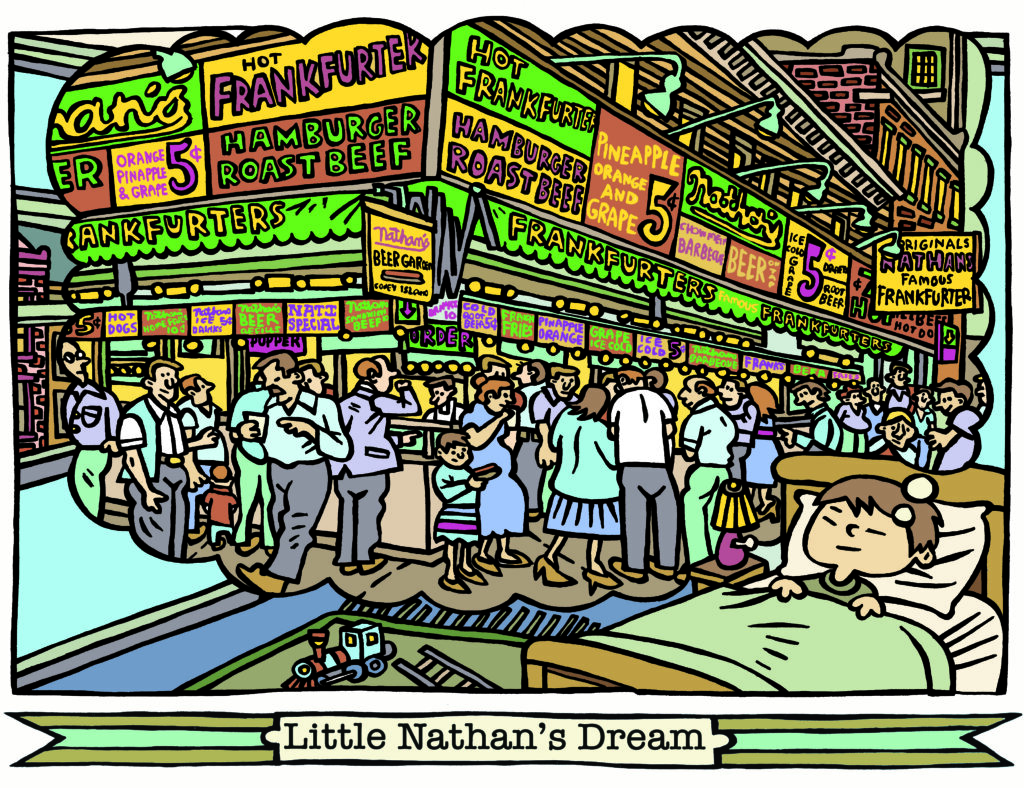 Illustration of a boy in bed, dreaming of busy storefronts selling hot dogs, captioned "Little Nathan's Dream".
