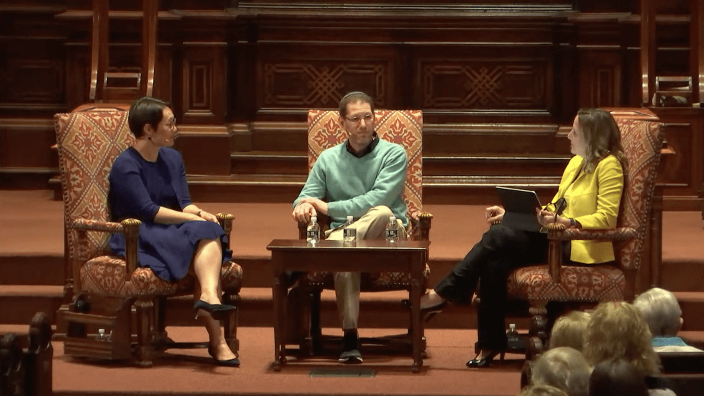 Rabbi Angela Buchdahl, left and Rabbi Charlie Cytron-Walker, center, in a conversation moderated by author Abigail Pogrebin at Manhattan's Central Synagogue on May 3, 2022.