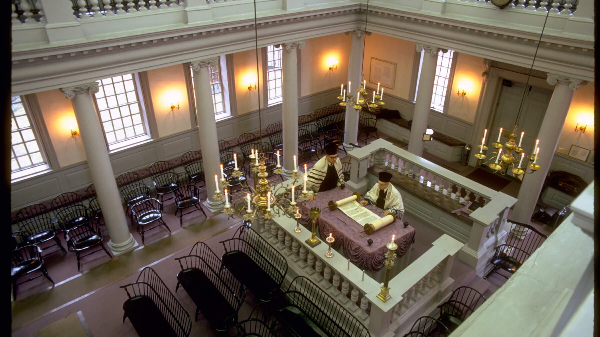 The interior of the Touro Synagogue in Newport, Rhode Island. 