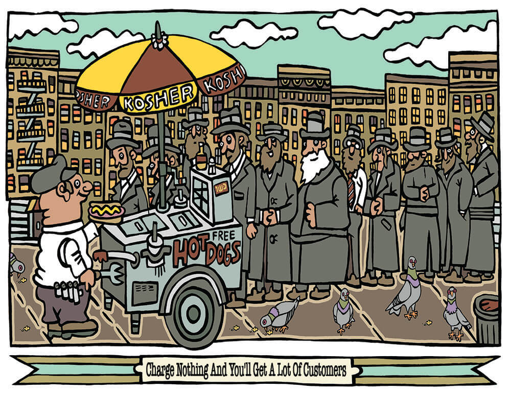 Illustration of a line of Jewish men queueing for a free kosher hot dog stand, with caption "charge nothing and you'll get a lot of customers"