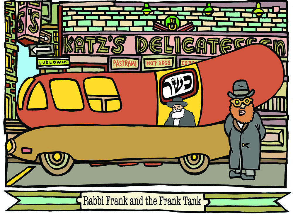 Image of "Rabbi Frank and the Frank Tank", a mashup of the Oscar Meier Weinermobile and a Lubavitch Mitzvah Tank