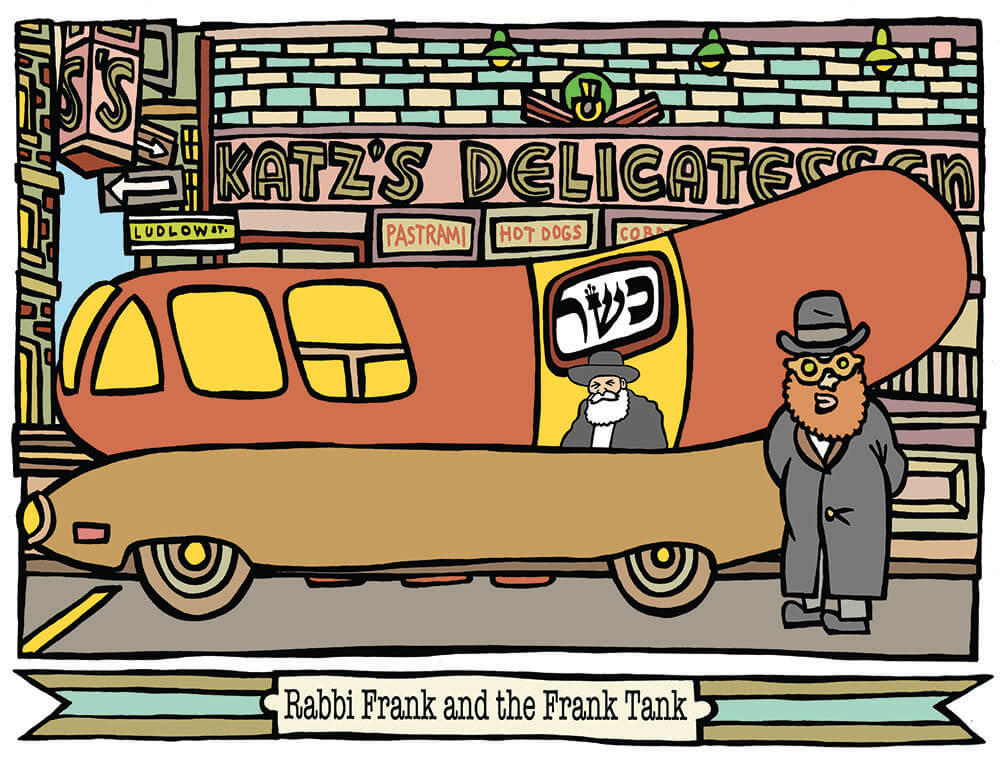 Steve Marcus was inspired by the Chabad Mitzvah Tanks to draw a (kosher) version of the Weinermobile.