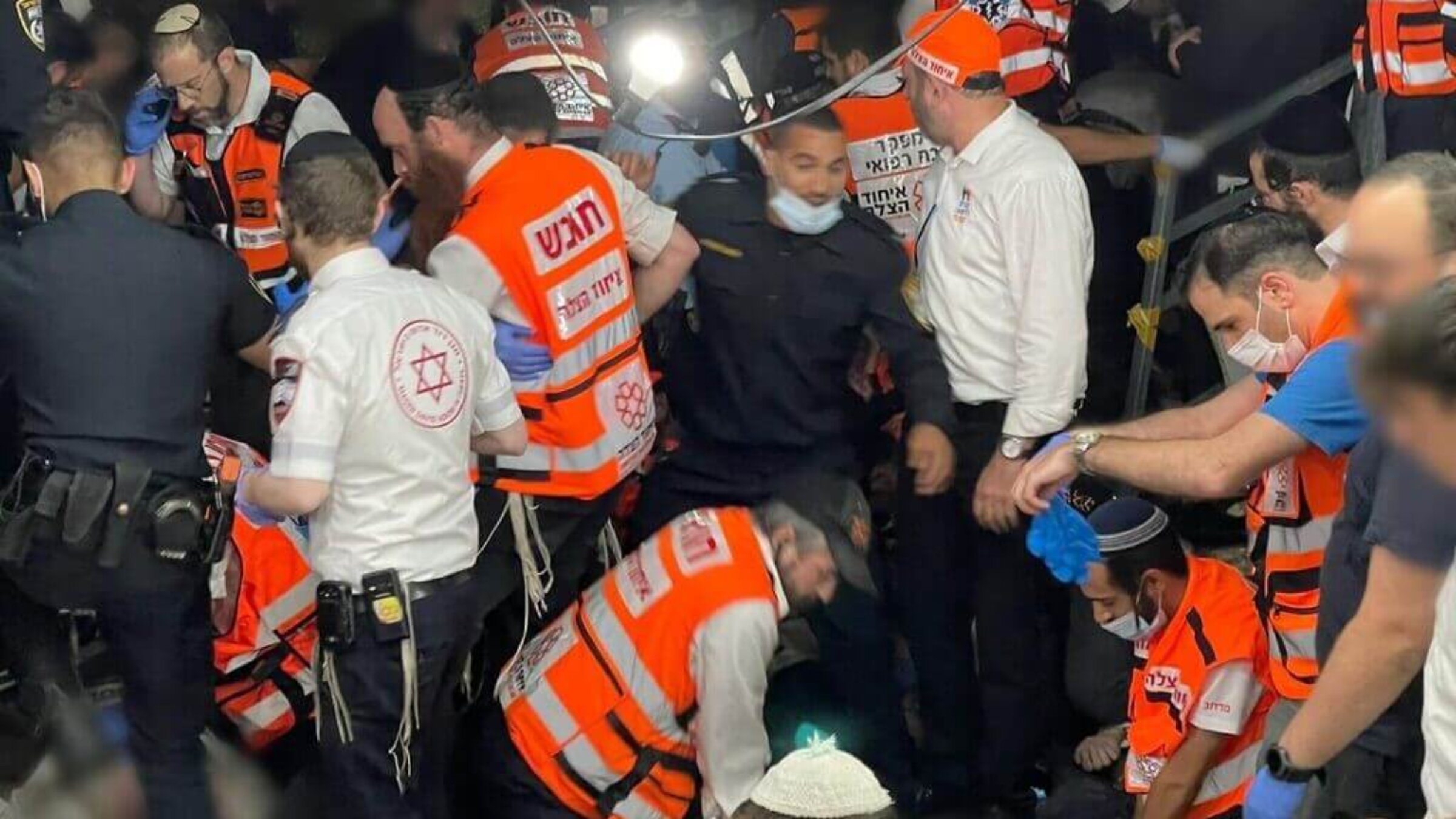 Rescuers at Mount Meron, shortly after the stampede unfolded, April 30, 2021. 