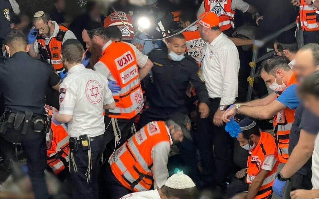 Rescuers at Mount Meron, shortly after the stampede unfolded, April 30, 2021. 