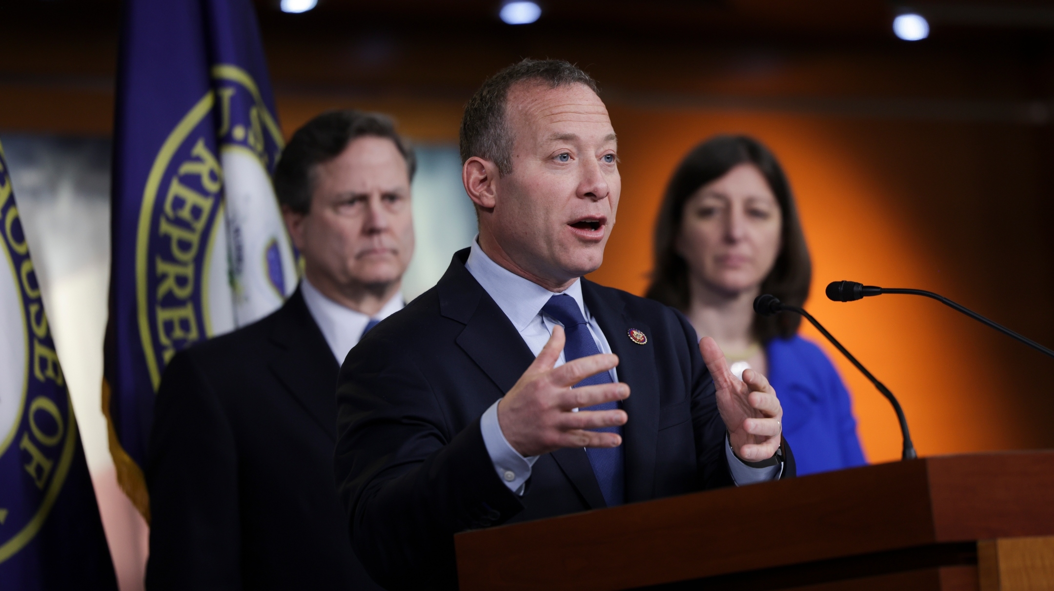 Rep. Josh Gottheimer, a New Jersey Democrat, speaks on Iran negotiations as Elaine Luria, a Virginia Democrat, and Donald Norcross, a New Jersey Democrat, look on at a news conference on Capitol Hill, April 6, 2022. (Kevin Dietsch/Getty Images)