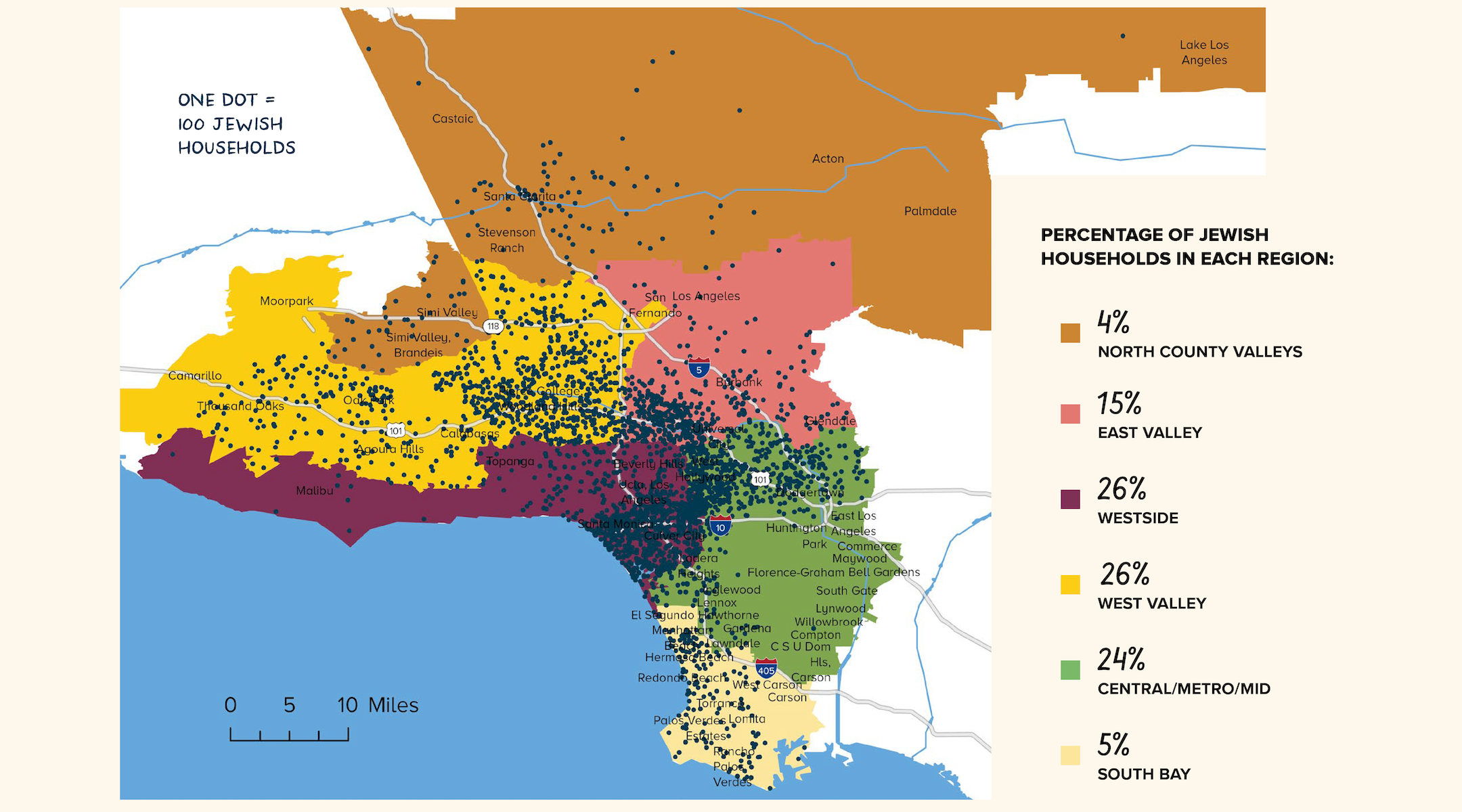 Map of Jewish households in Los Angeles, according to the new population survey (Courtesy of the Jewish Federation of Greater Los Angeles)