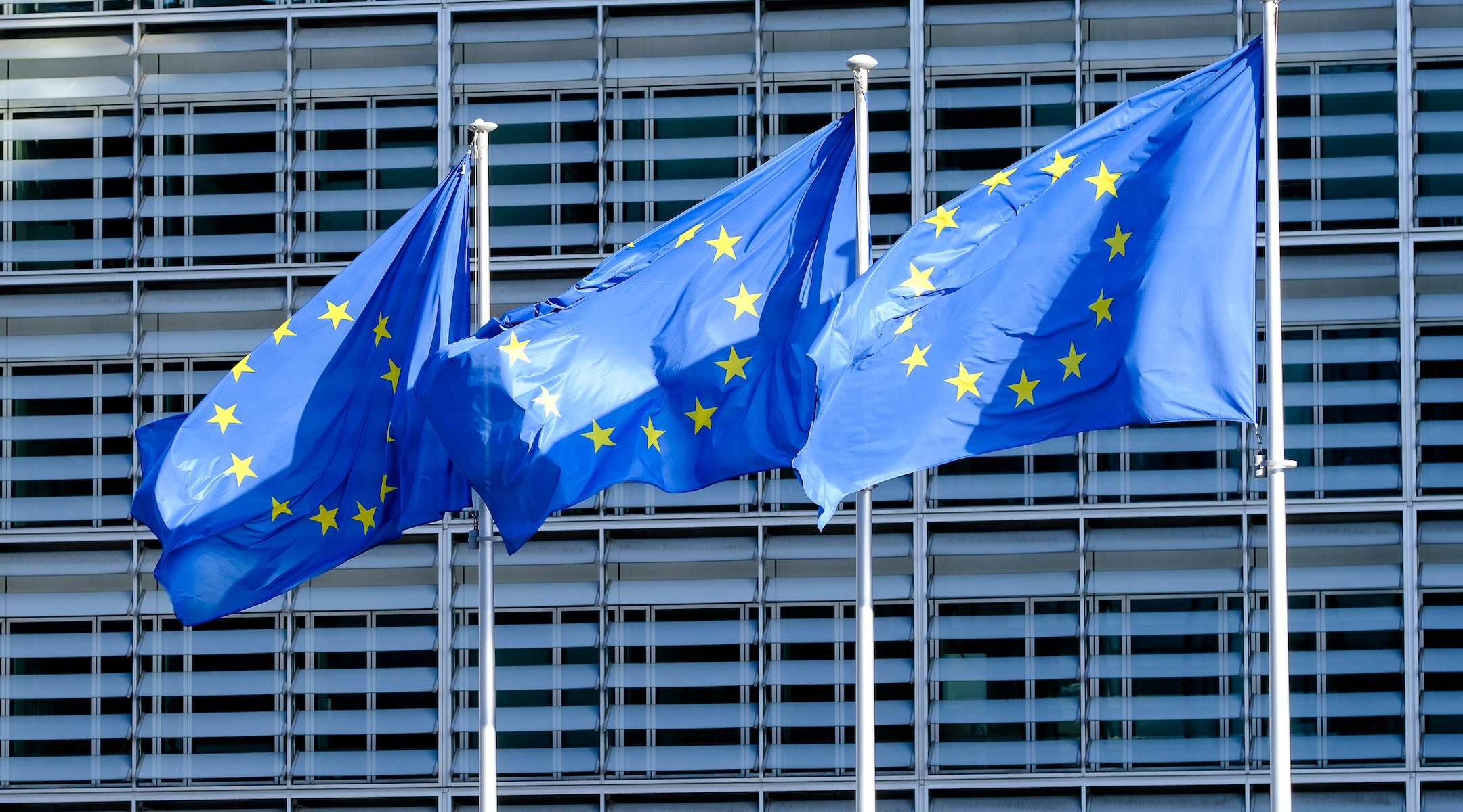 EU flags seen in Brussels, Sept. 24, 2020 in Brussels, Belgium. The Berlaymont building is the headquarters of the European Commission. (Thierry Monasse/Getty Images)