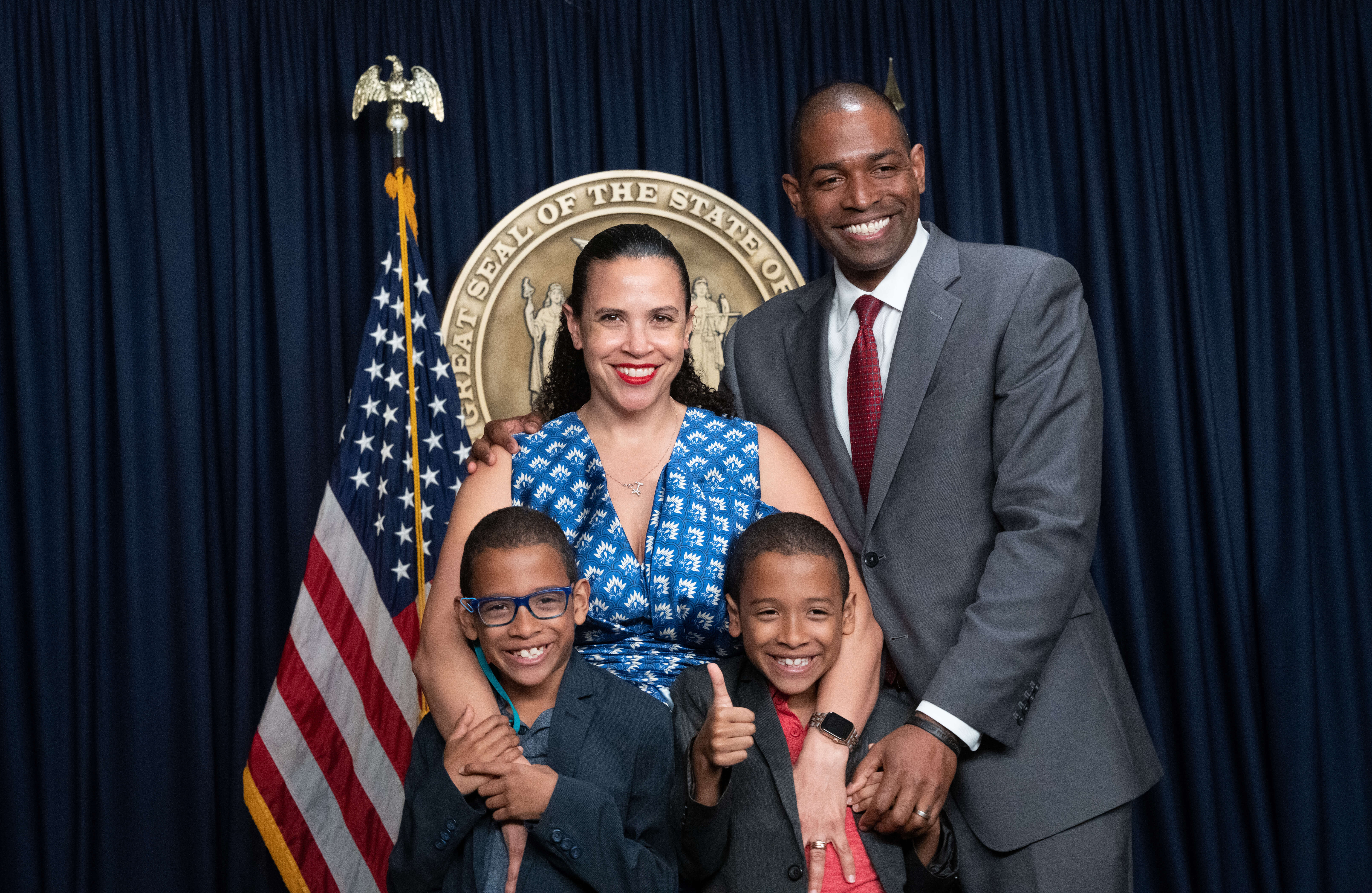 Lt. Governor Antonio Delgado with his wife Lacey Schwartz Delgado and his twin sons Maxwell and Coltrane at his swearing in ceremony on May 25, 2022.