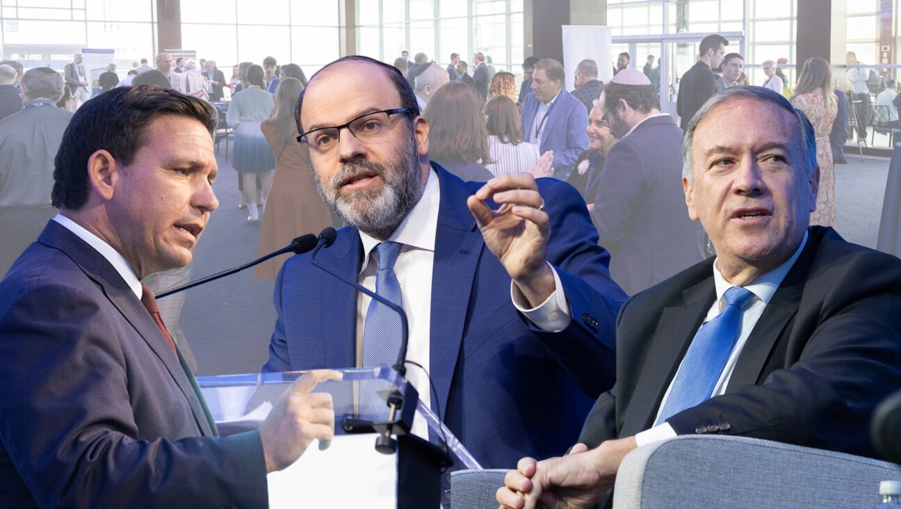 Florida Governor Ron Desantis, Tikvah Fund Executive Director Eric Cohen and former Secretary of State Mike Pompeo speaking at the Jewish Leadership Conference at Chelsea Piers in New York City on Sunday, June 12, 2022. (Photo Credit: Sean Smith)