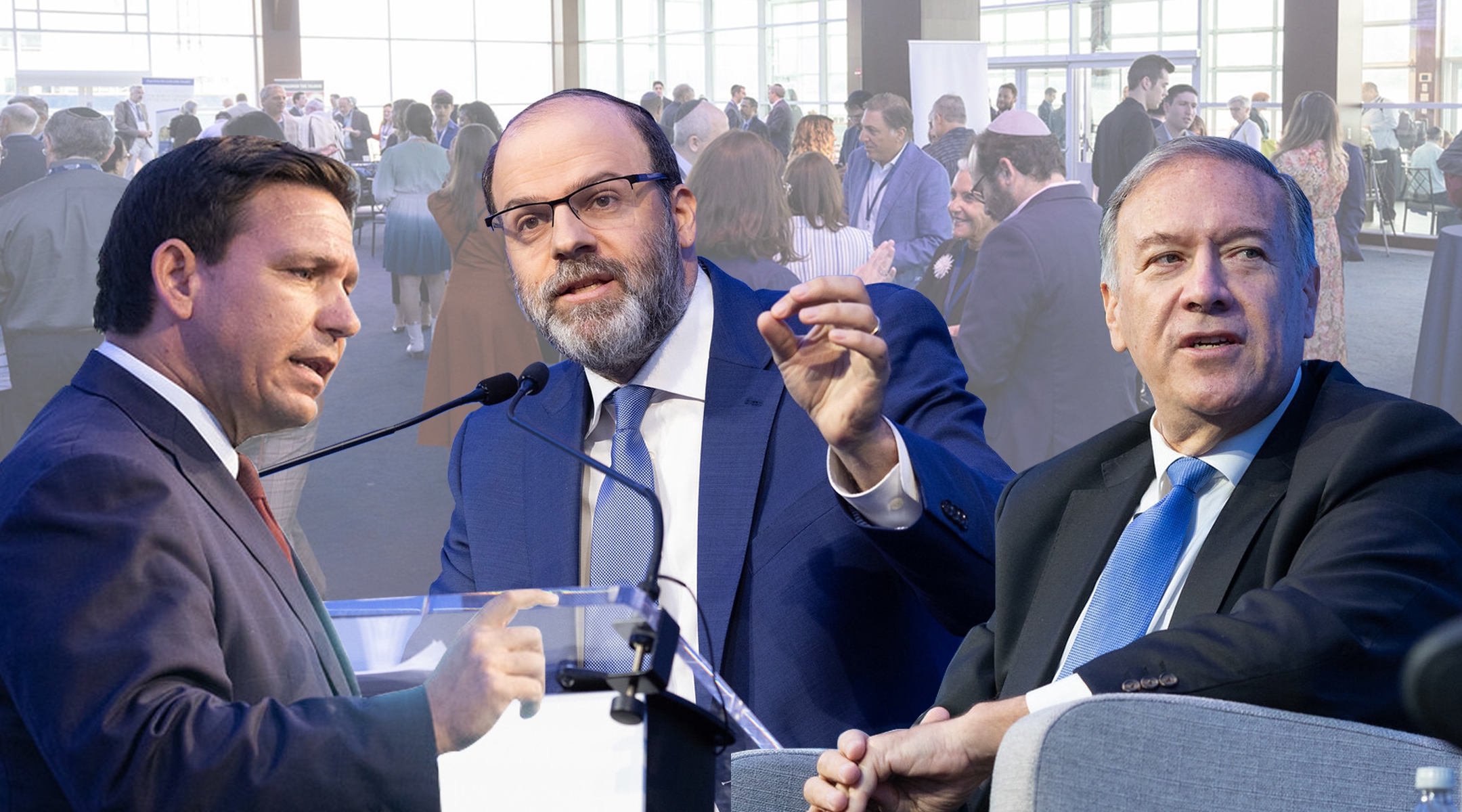 Florida Governor Ron Desantis, Tikvah Fund Executive Director Eric Cohen and former Secretary of State Mike Pompeo speaking at the Jewish Leadership Conference at Chelsea Piers in New York City on Sunday, June 12, 2022. (Photo Credit: Sean Smith)