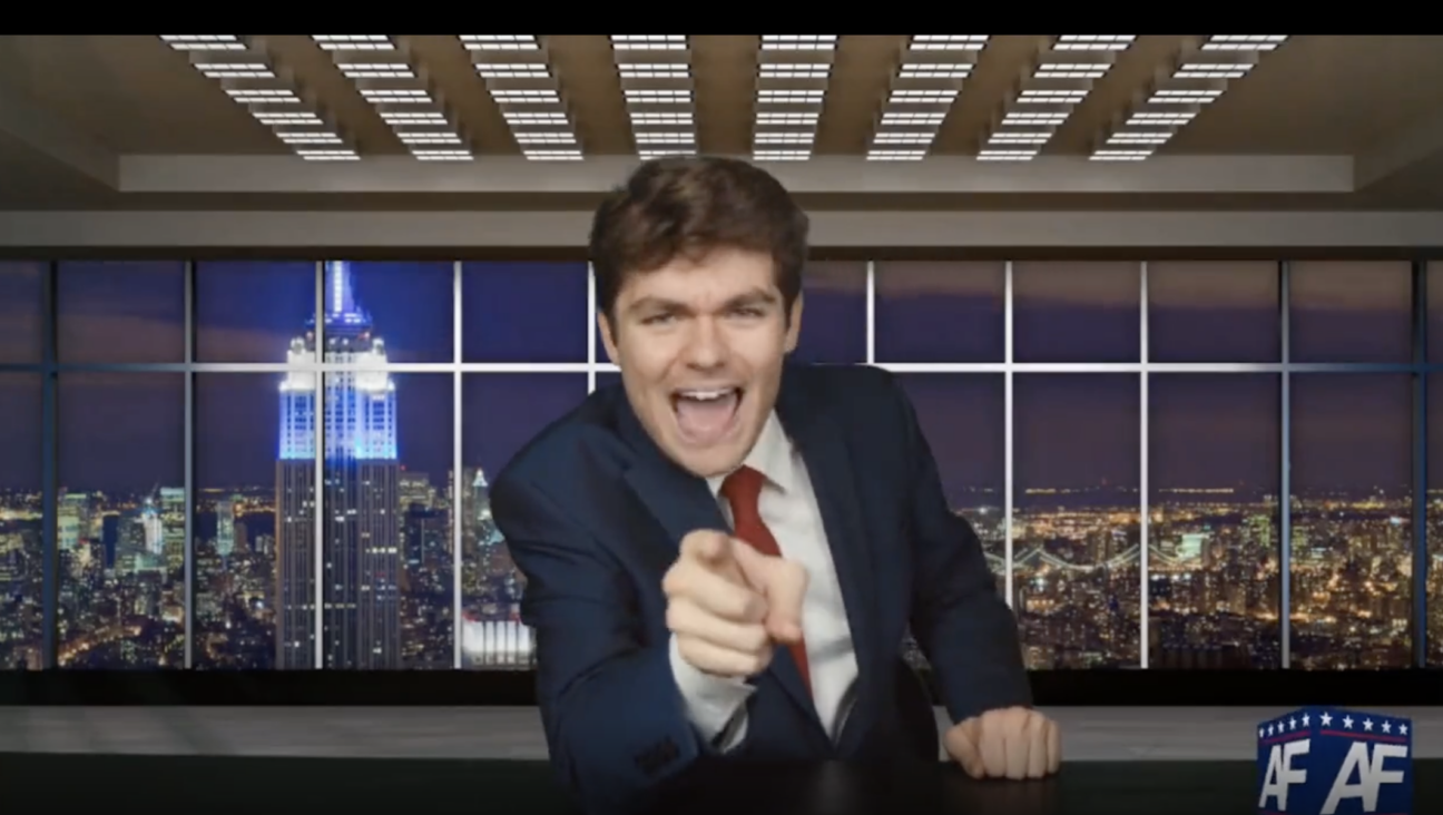 Nick Fuentes, in the midst of an antisemitic rant, on his podcast talk show.