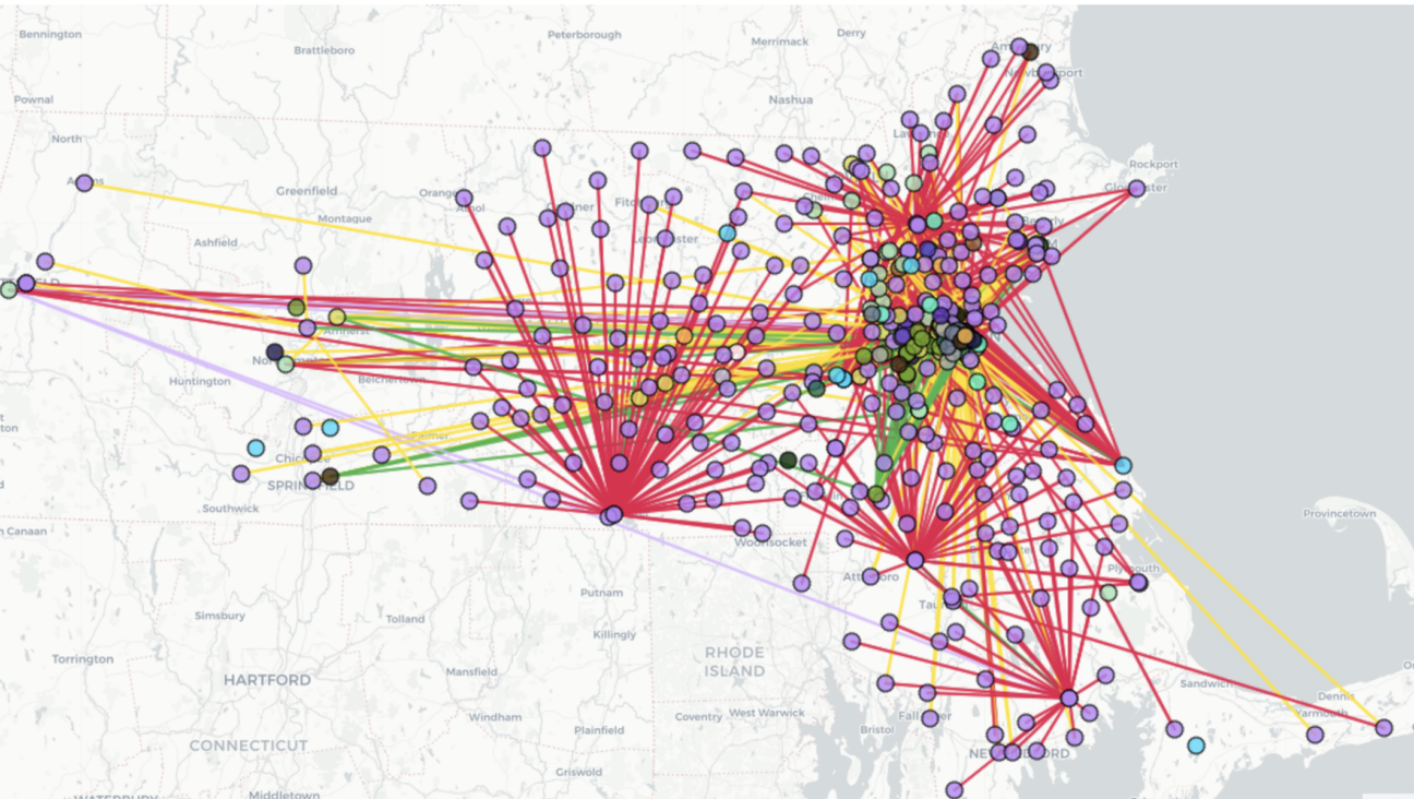 A map of purported connections between Jewish groups and other organizations in Massachusetts created by progressive activist group The Mapping Project, which says its goal is to map ‘institutional support for the colonization of Palestine.” (Screenshot)