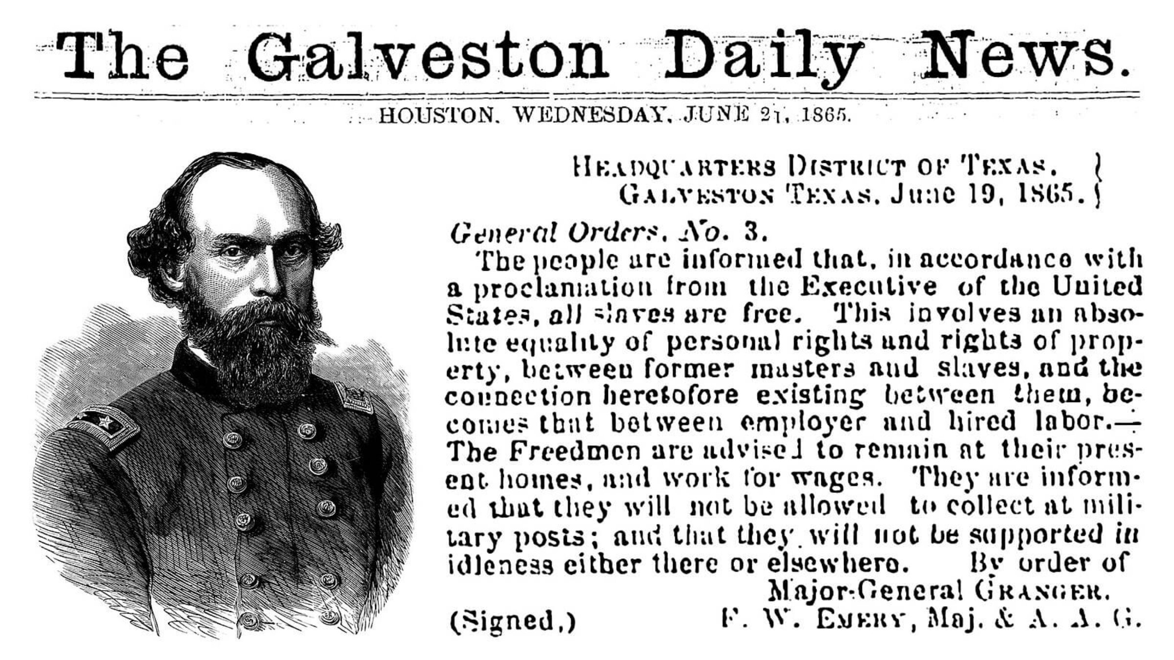 Reprint of 1865 Galveston Daily News black and white newspaper