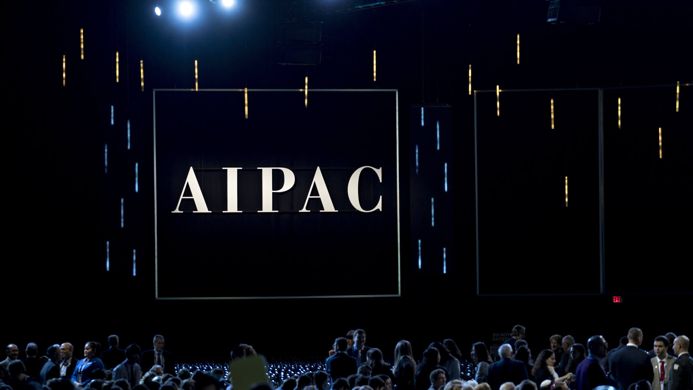 The AIPAC logo is displayed during the policy conference in Washington, D.C., U.S., on March 25, 2019. 