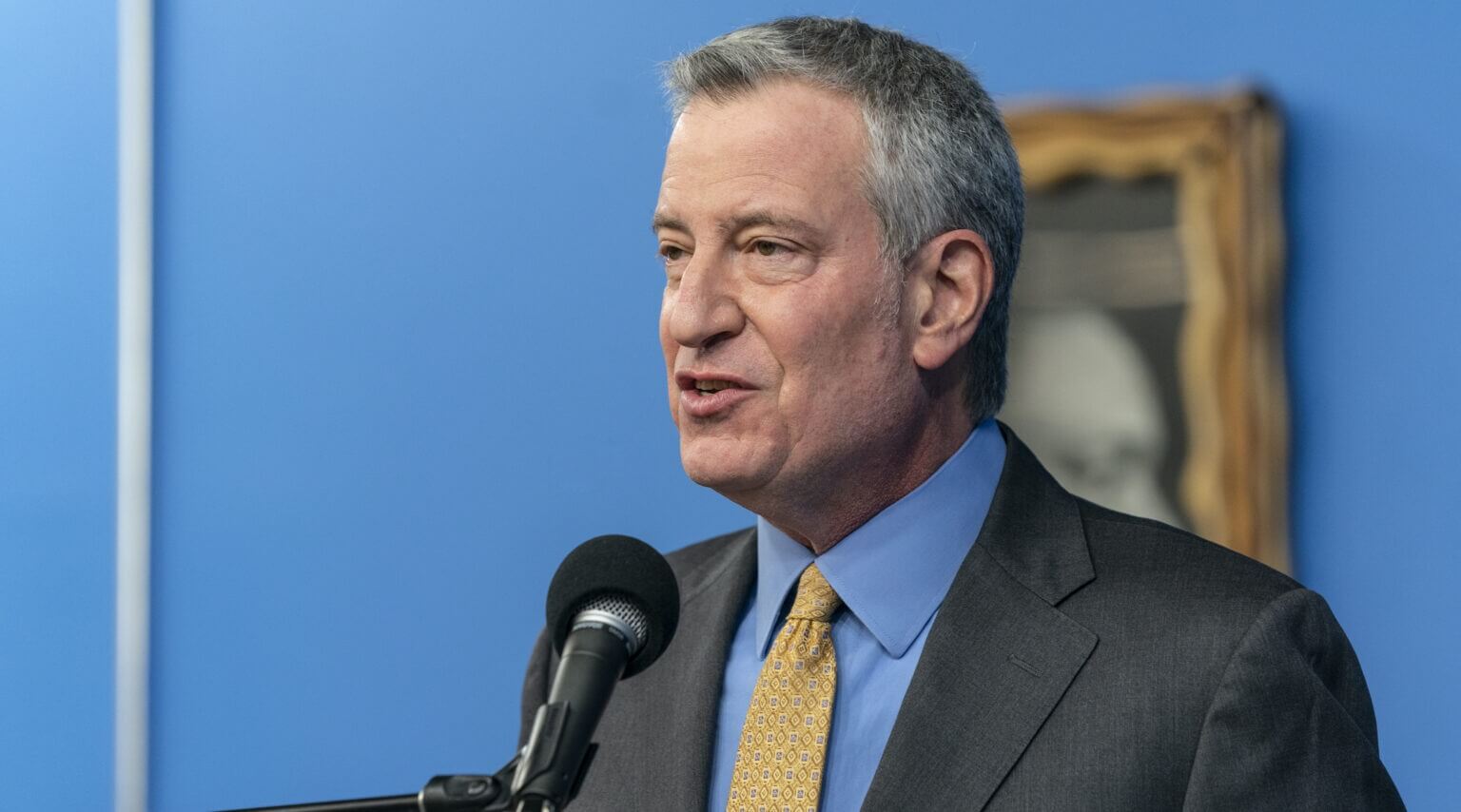 Bill de Blasio, during his second term as New York City mayor, speaks during a Martin Luther King Day celebration in the city, Jan. 18, 2021.
