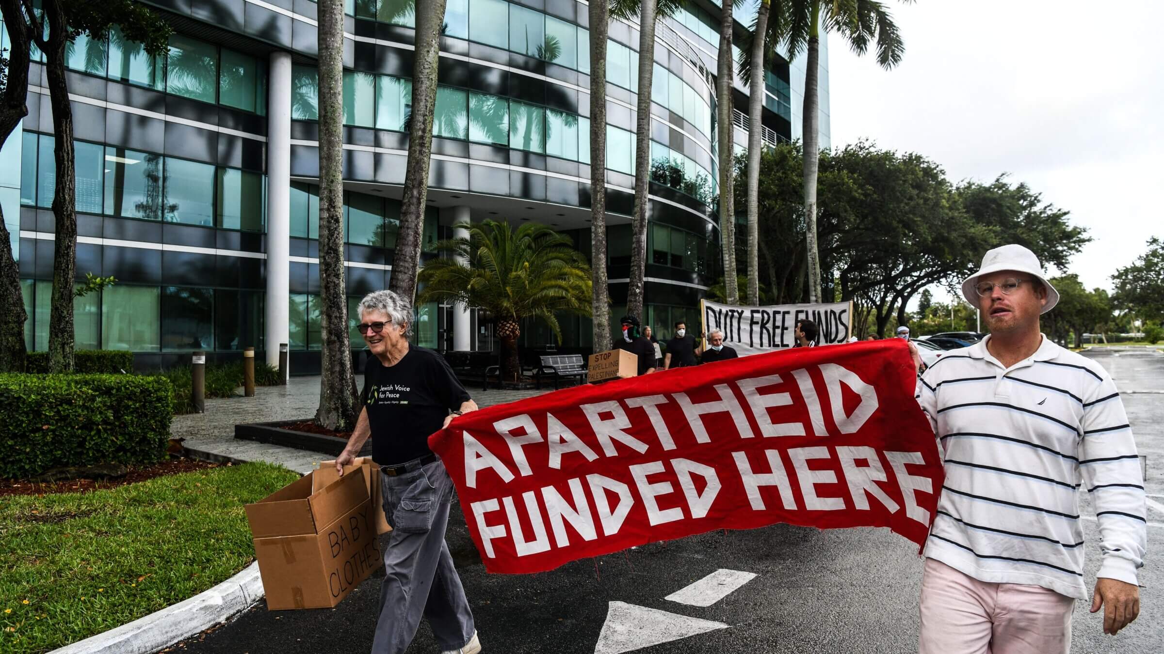 A map released earlier this month created controversy by listing addresses of companies and other entities it claimed were tied to Israeli human rights abuses. Pro-Palestinian activists often target such entities for protest, such as this demonstration last year outside the Duty Free Americas Headquarters in Florida, whose owners have donated millions to Israeli settlements in the occupied West Bank.