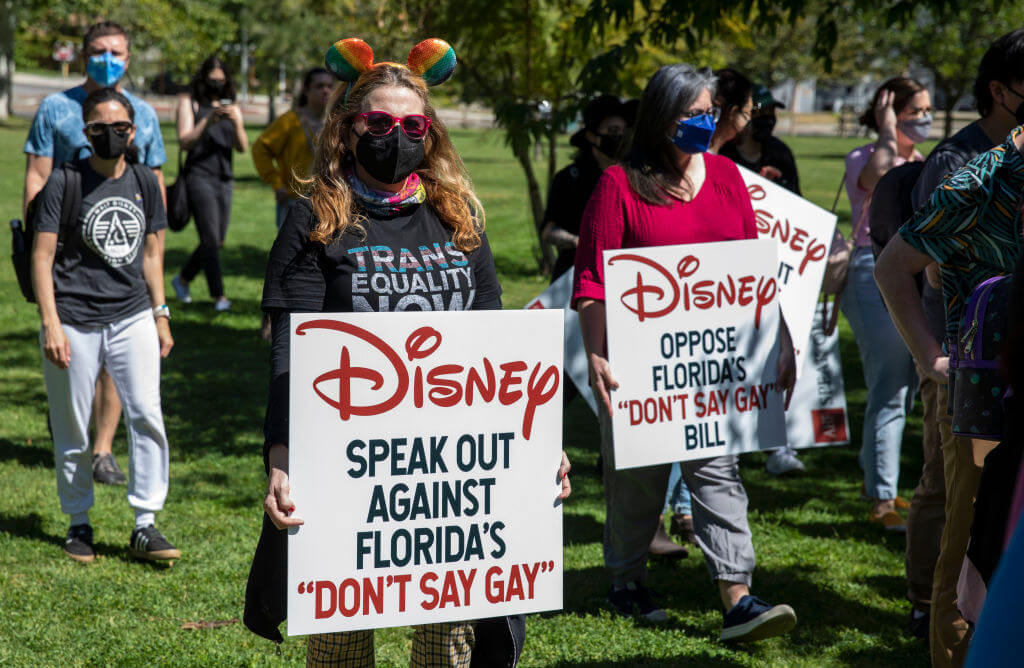 Walt Disney employees and demonstrators during a rally against the Florida "Don't Say Gay" bill at Griffith Park in Glendale, California, U.S., on Tuesday, March 22, 2022. 