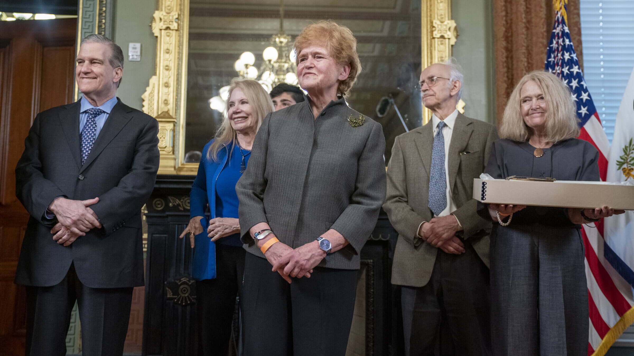 Deborah Lipstadt, special envoy to monitor and combat anti-Semitism, center, after being sworn-in at the Vice President's Ceremonial Office in Washington, D.C., U.S., on Tuesday, May 24, 2022
