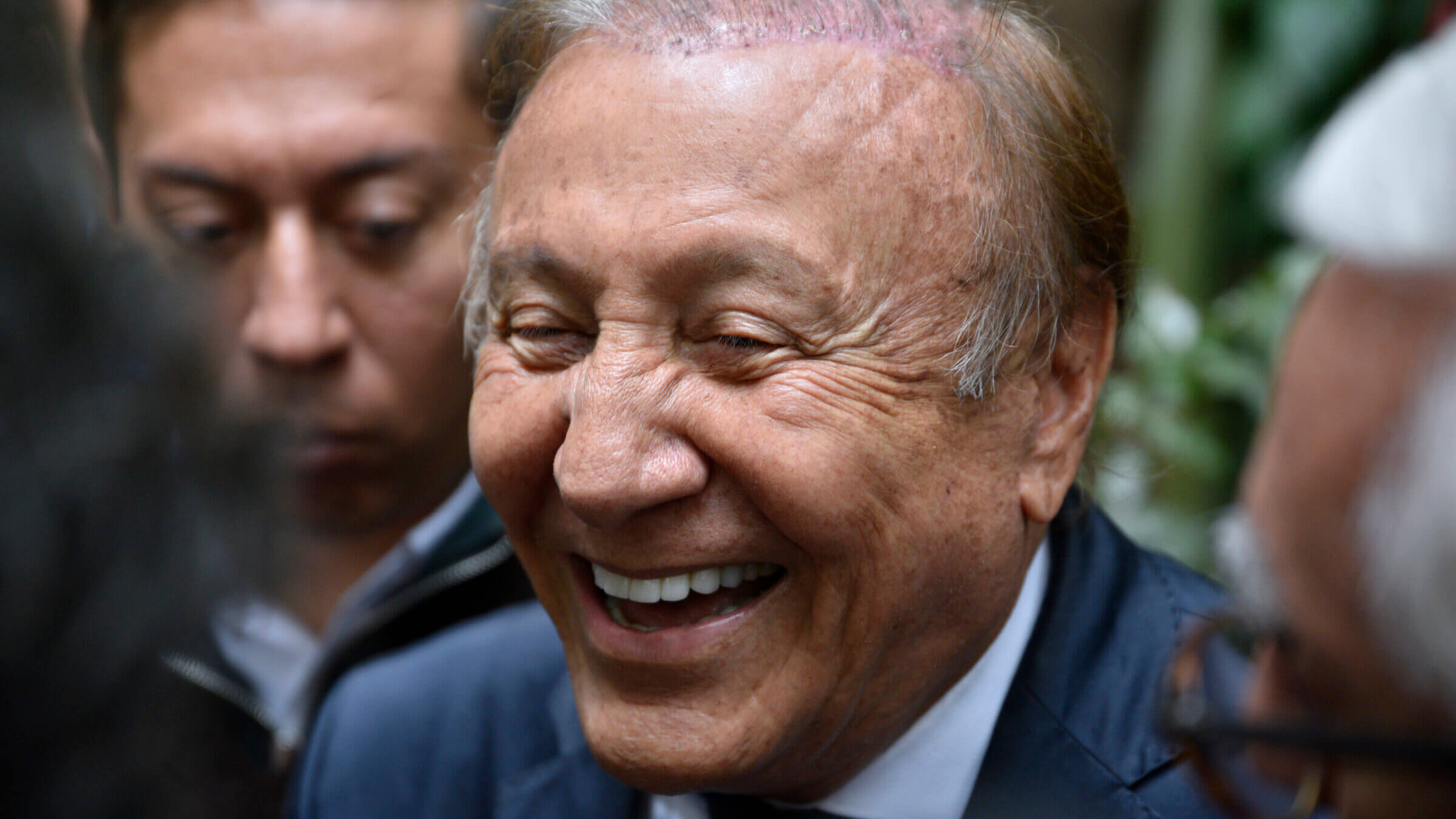 Presidential candidate Rodolfo Hernandez of Liga de Gobernantes Anticorrupcion laughs as talking to press after his meeting with Sergio Fajardo of Centro Esperanza coalition ahead of the presidential runoff on June 02, 2022 in Bogota, Colombia. 