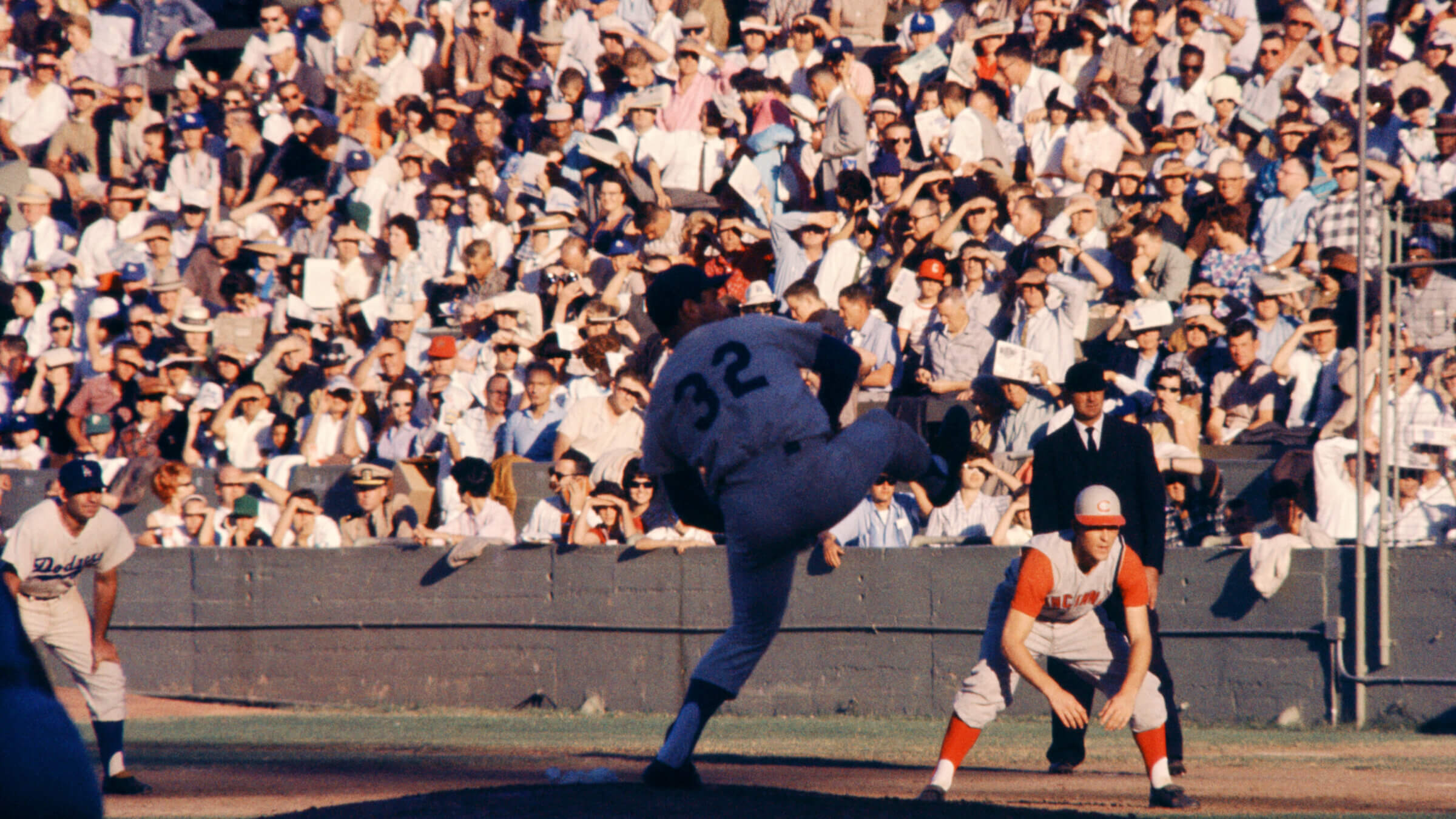 Sandy Koufax pitches during a 1961 game at the Los Angeles Memorial Coliseum. (Hy Peskin/Getty Images)