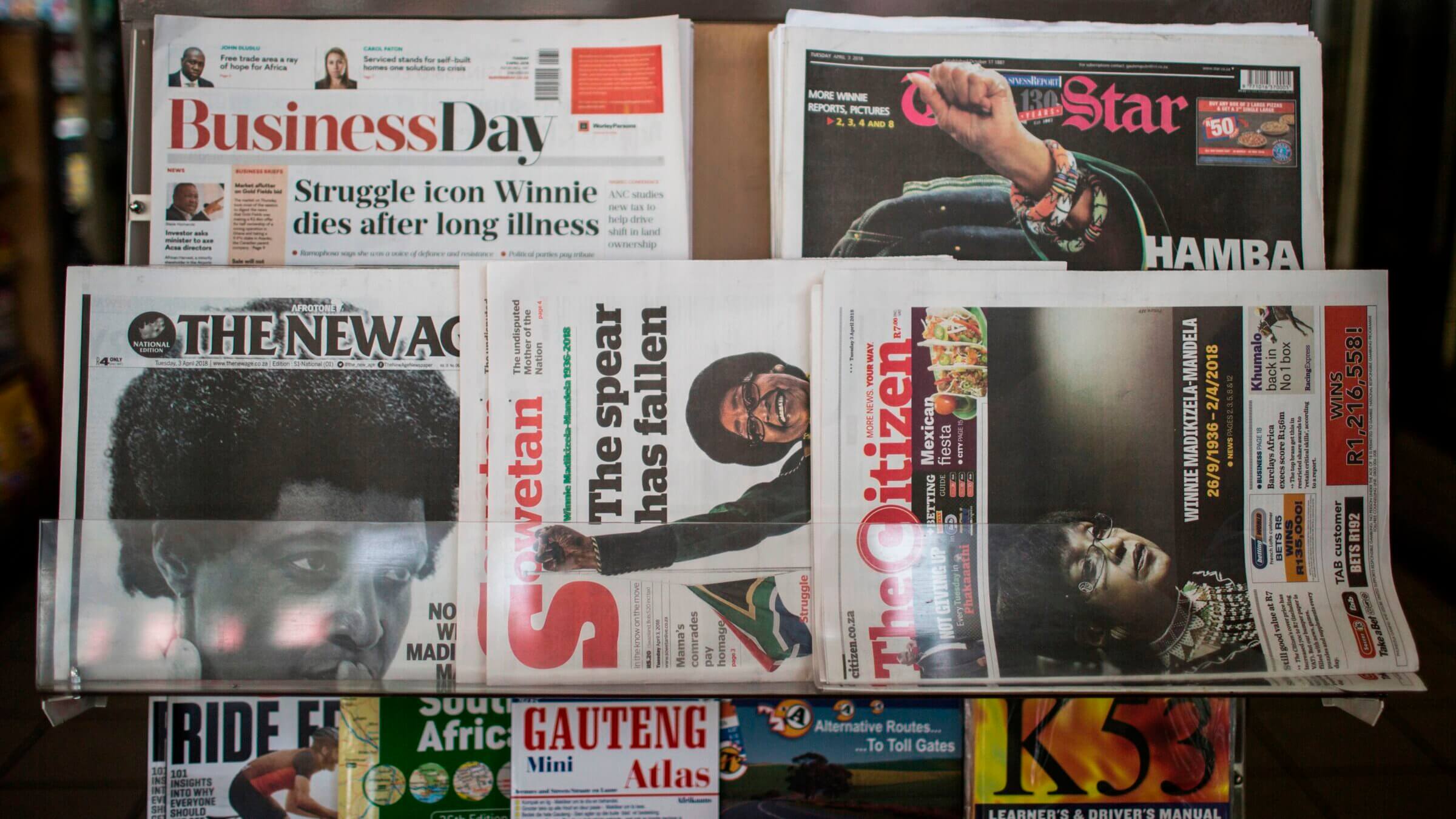 The Press Council South Africa, which regulates newspapers like those seen here following Winne Madikizela-Mandela's death in 2018, ordered the South African Jewish Report to apologize for describing a cartoon promoted by the SA BDS Coalition as antisemitic.