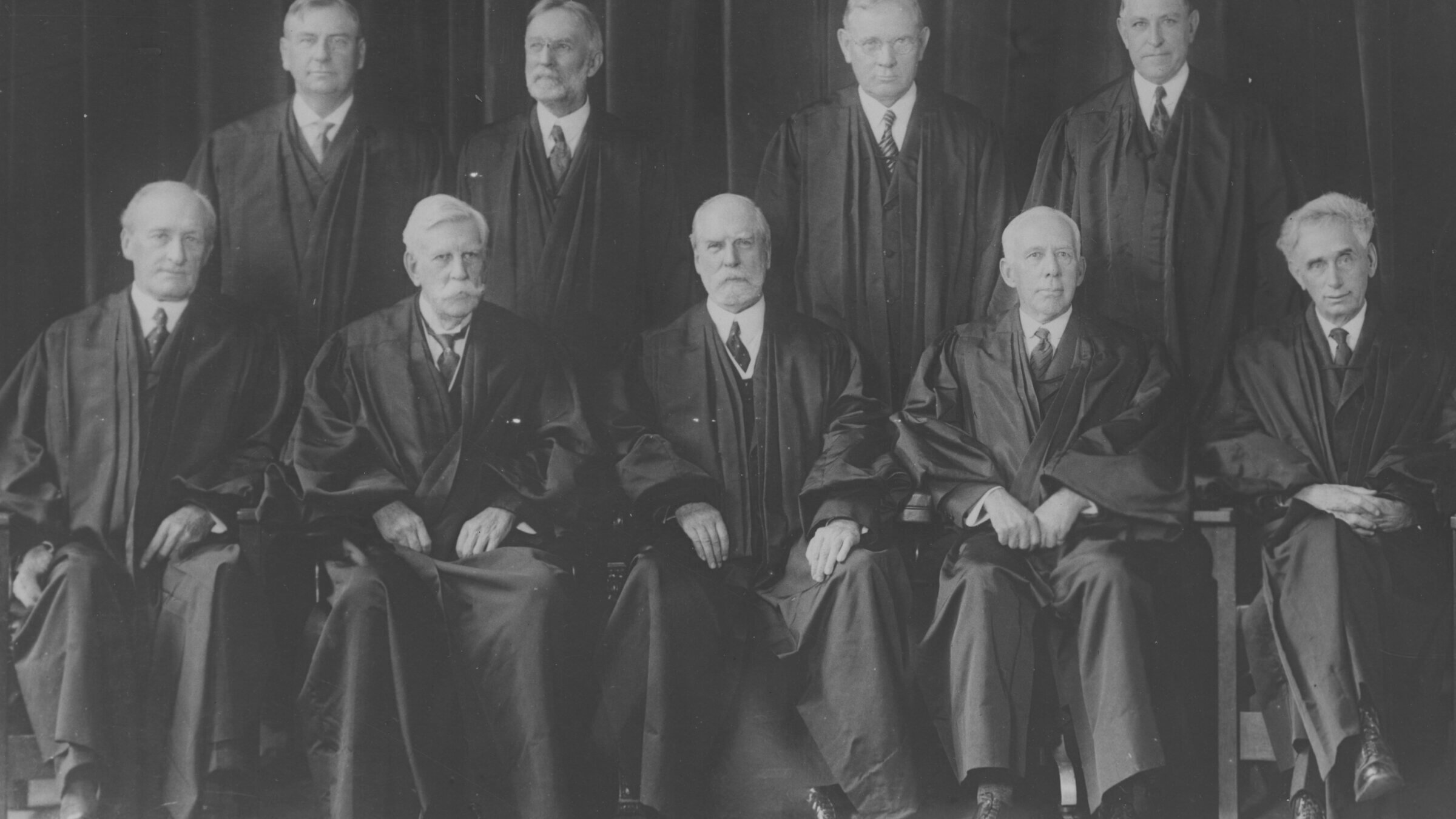 Louis Brandeis was the first Jewish justice on the the U.S. Supreme Court. In this 1930 photo, he is seated in the bottom row on the far right. Also pictured, standing left to right: Justice Harlan F. Stone, Justice George Sutherland, Justice Pierce Butler, Justice Owen Roberts; seated, left to right, Justice James Clark McReynolds, Justice Oliver Wendell Holmes Jr., Chief Justice Charles Evans Hughes, Justice Willis Van Devanter, and Brandeis. 