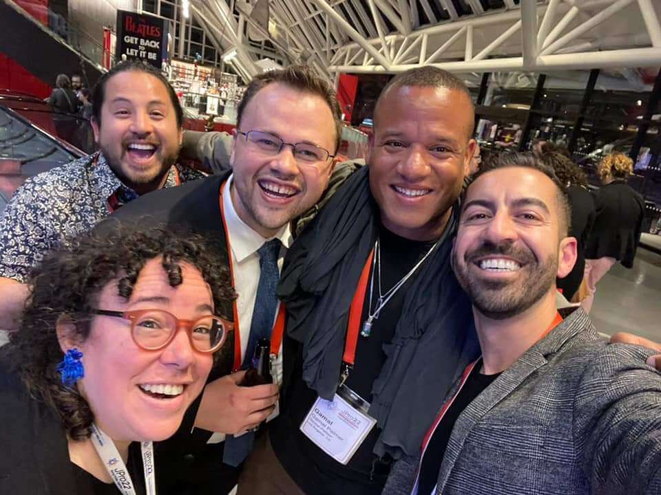 From left: Tema Smith, Yoshi Silverstein, Isaiah Rothstein, Gamal J. Palmer and Arya Marvazy share a moment at last month's JPro22 conference in Cleveland, held in partnership with the Jewish Federations of North America. A survey showed 12% of attendees to be nonwhite, reflecting the demographics of the overall U.S. Jewish population according to the Pew "Beyond the Count" survey released last year. 