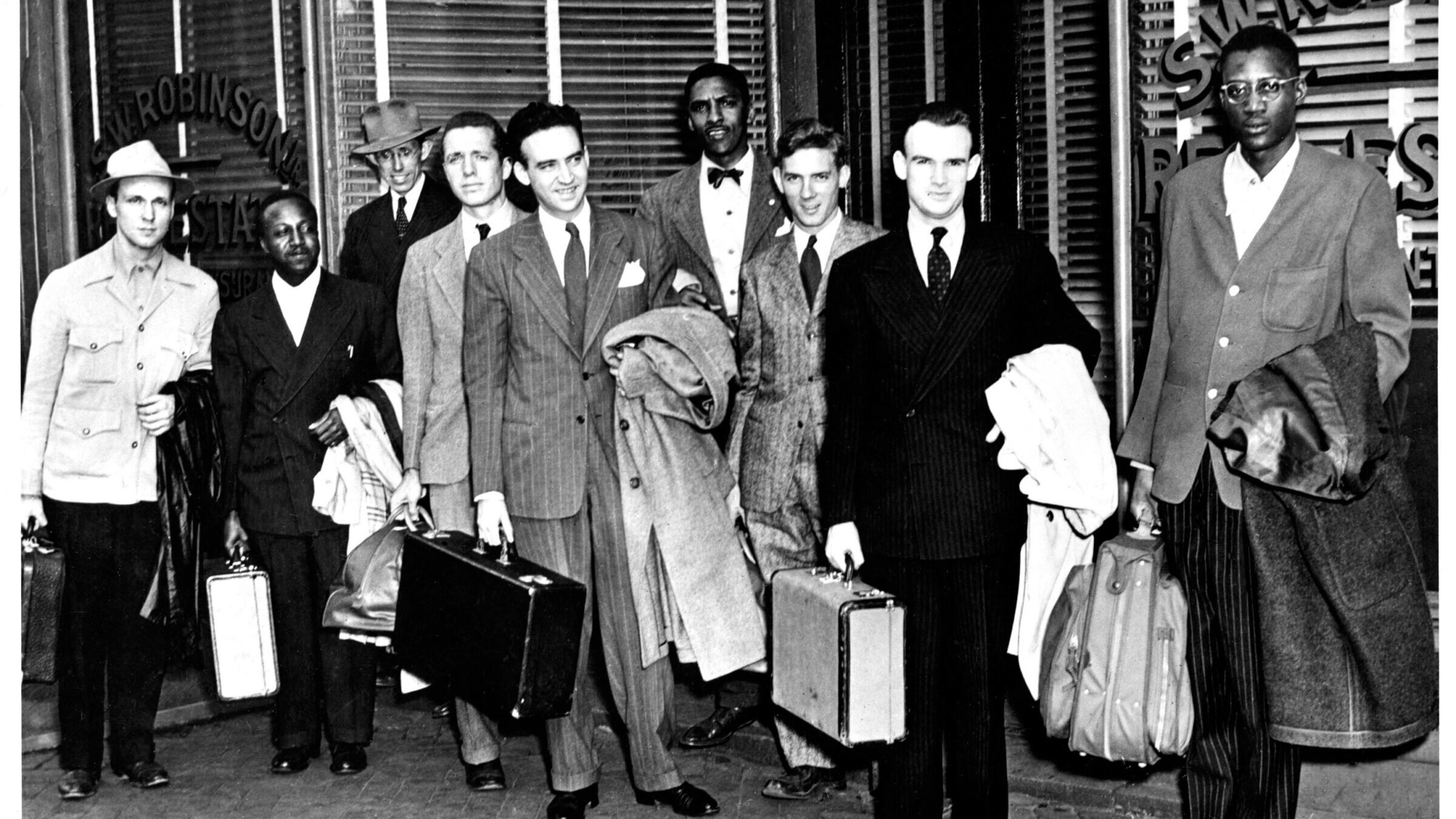 The participants of the 1947 Journey of Reconciliation, a forerunner of later freedom rides. From left: Worth Randle, Wally Nelson, Ernest Bromley, Jim Peck, Igal Roodenko, Bayard Rustin, Joe Felmet, George Houser, and Andrew Johnson, outside of NAACP lawyer Spottswood Robinson's law office in Richmond, Va., on April 10, 1947.