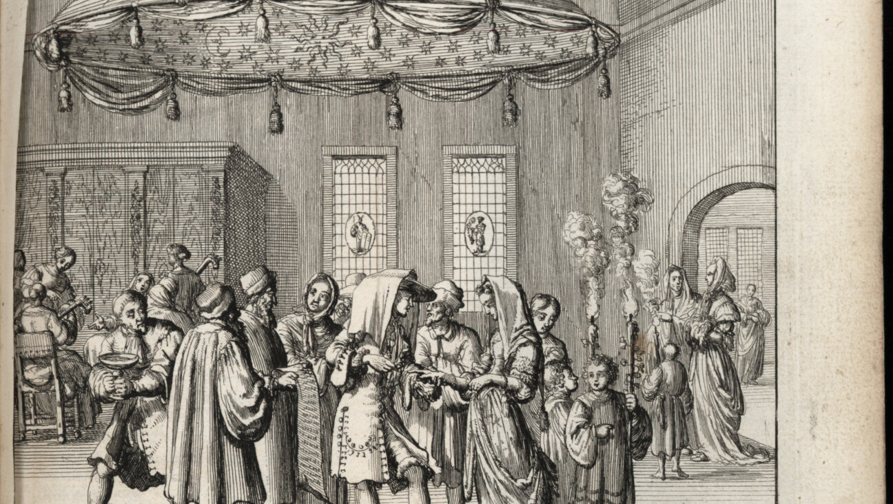 An illustration from a 1683's "Ecclesiastical Customs and Practices" from Amsterdam, translated to Dutch from the original text written by Italian rabbi Leone de Modena. This scene shows the marriage party under a domed, star-embellished "huppah."
