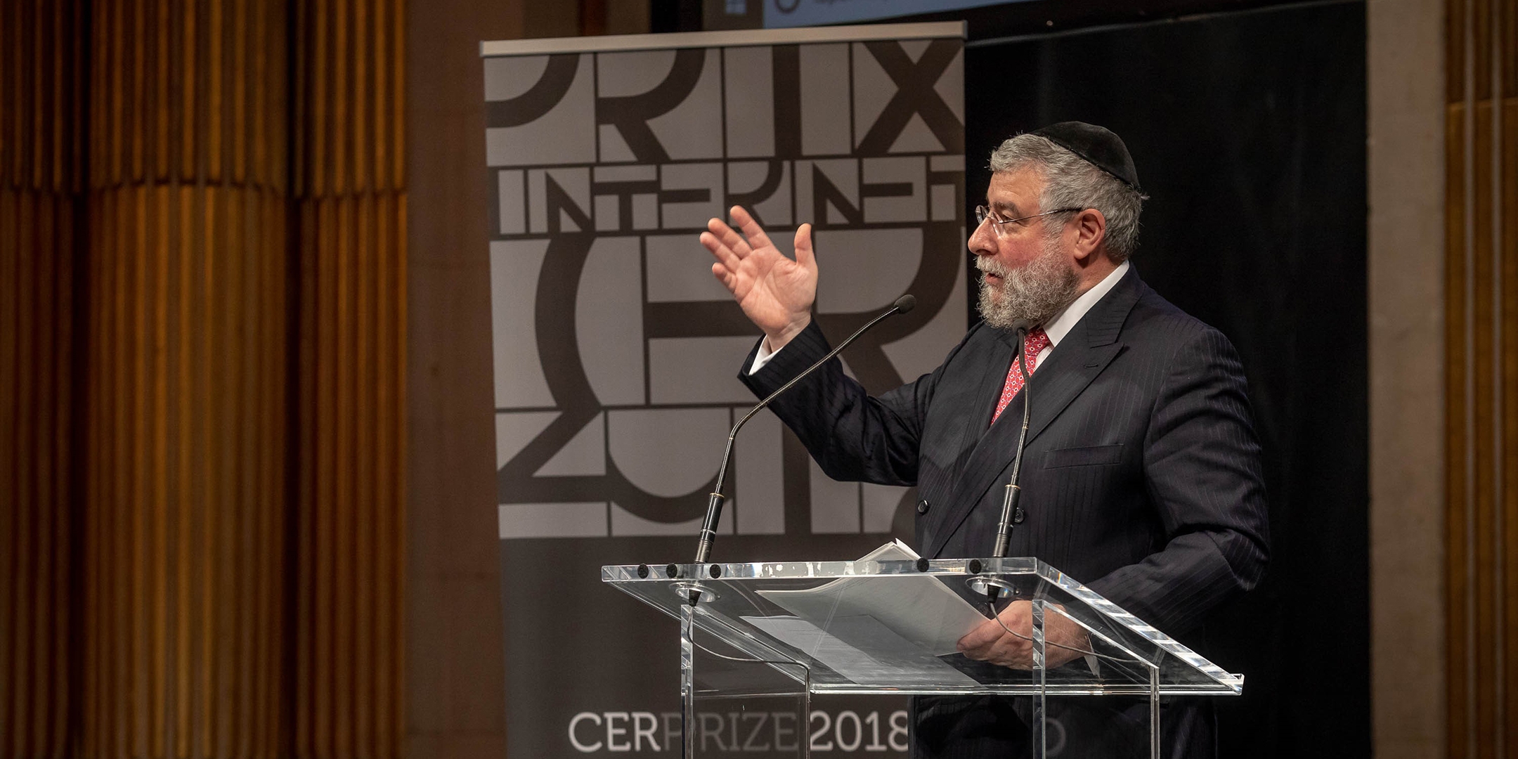 Rabbi Pinchas Goldschmidt delivers a speech in Paris, France, Oct. 10, 2018. (Conference of European Rabbis)