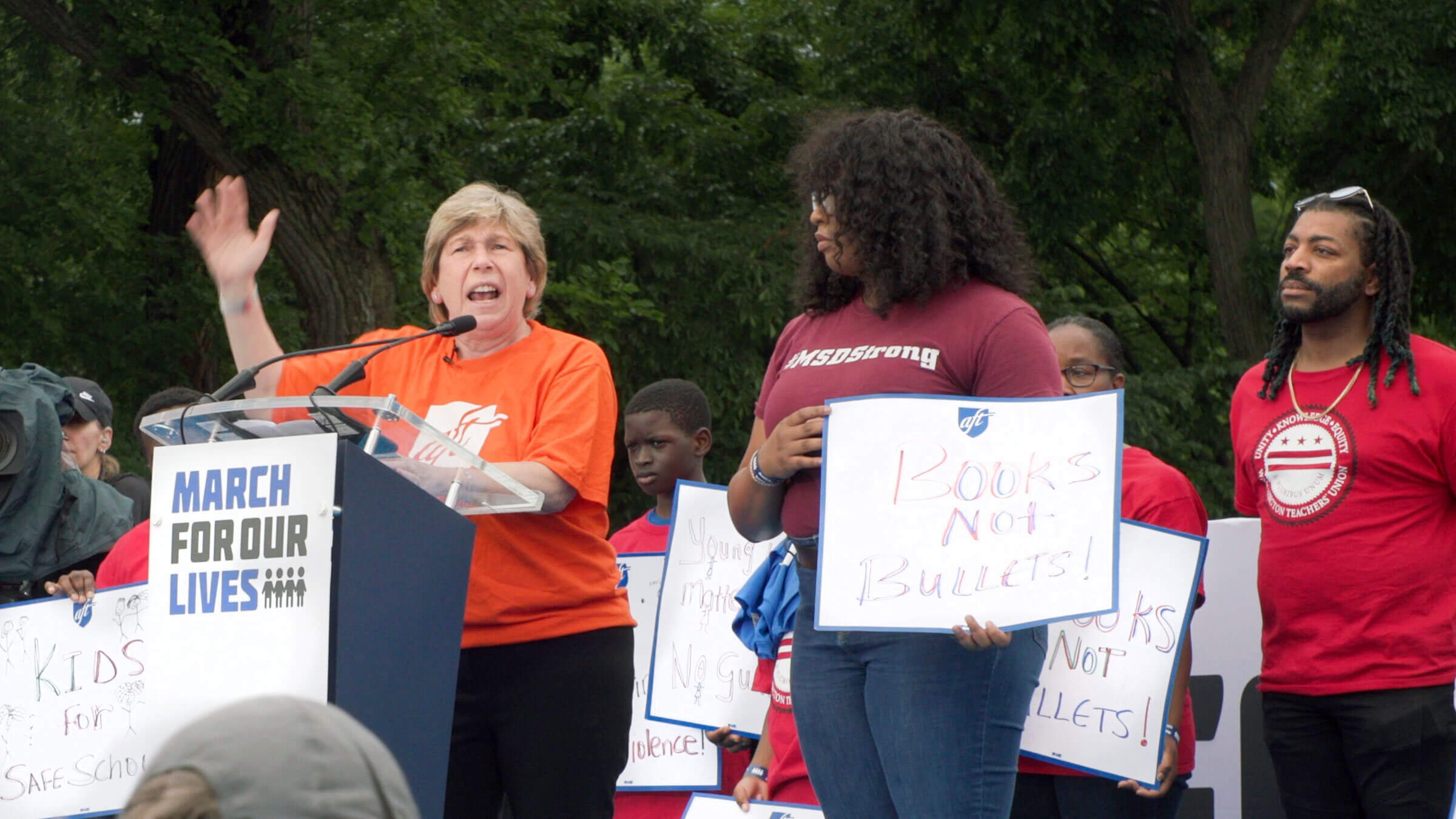 Weingarten, with Mei-Ling Ho-Shing, Parkland, Fla., shooting survivor, addresses the March for Our Lives rally on the National Mall on June 11.