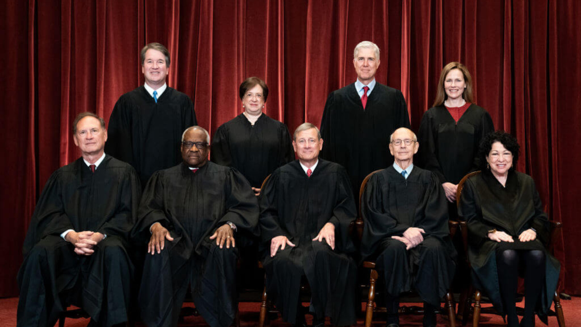 Members of the Supreme Court pose for a group photo at the Supreme Court in Washington, DC on April 23, 2021. Seated from left: Associate Justice Samuel Alito, Associate Justice Clarence Thomas, Chief Justice John Roberts, Associate Justice Stephen Breyer and Associate Justice Sonia Sotomayor. Standing from left: Associate Justice Brett Kavanaugh, Associate Justice Elena Kagan, Associate Justice Neil Gorsuch and Associate Justice Amy Coney Barrett.