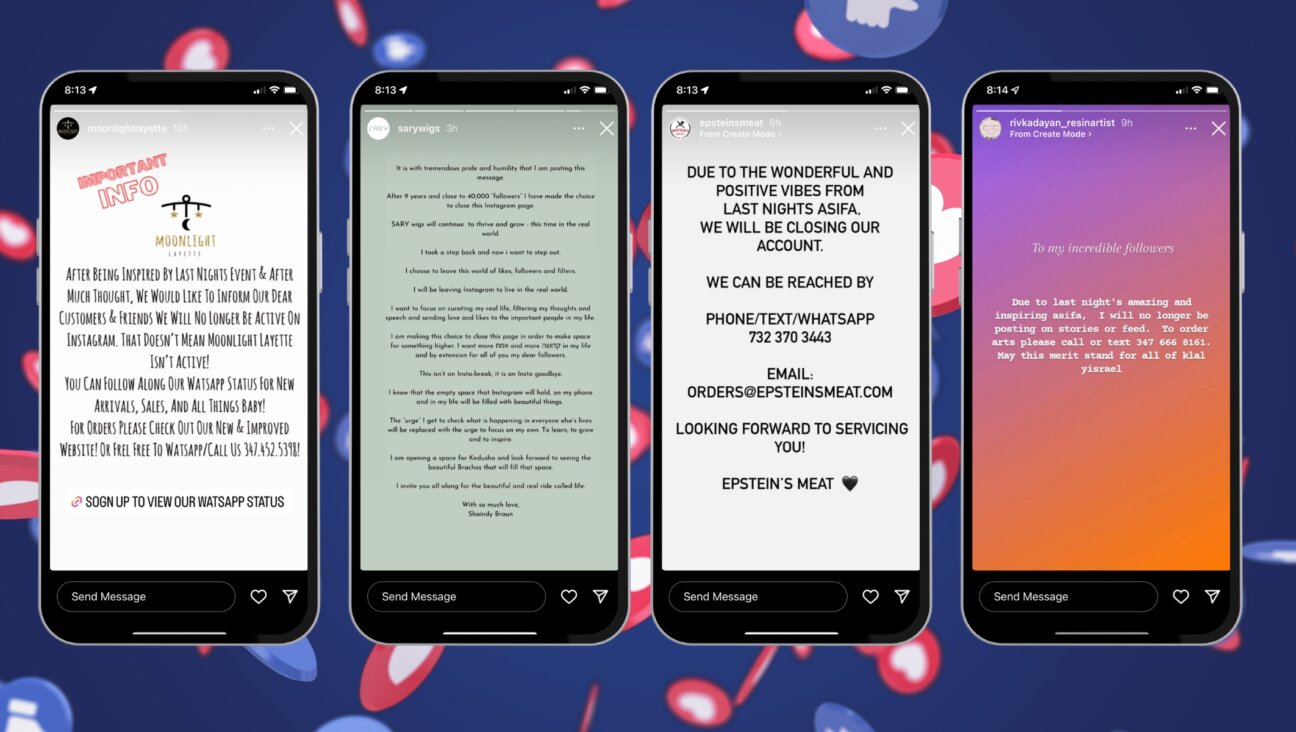 Screenshots from Orthodox Instagram accounts that announced they would be shutting down after the anti-social media rally in New Jersey. (Design by Jackie Hajdenberg)