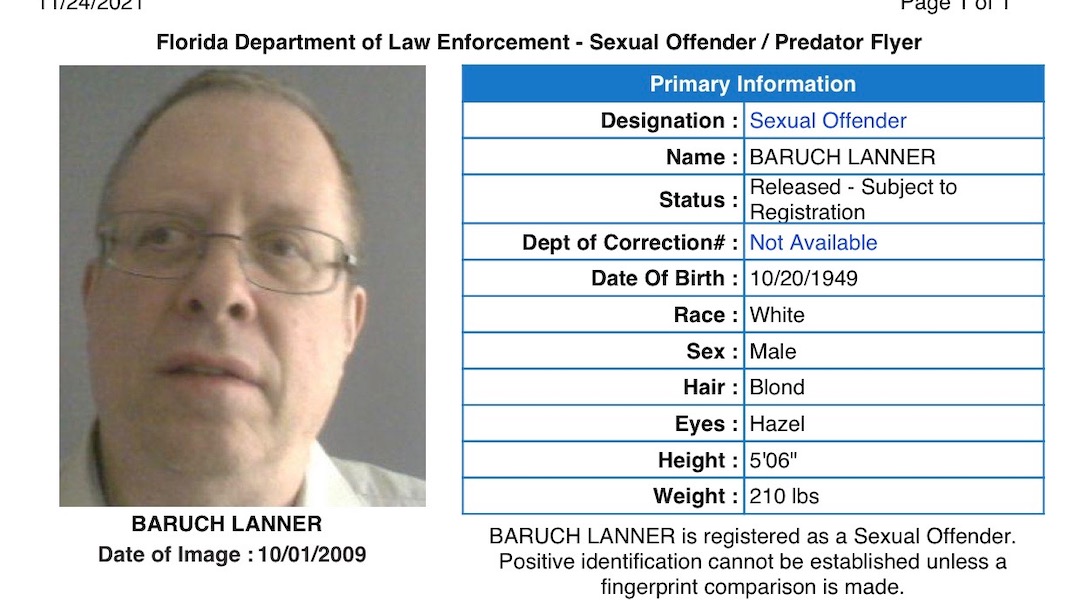 Baruch Lanner, who was convicted of abusing students at a New Jersey yeshiva where he worked, is seen here on Florida’s sex offender registry.