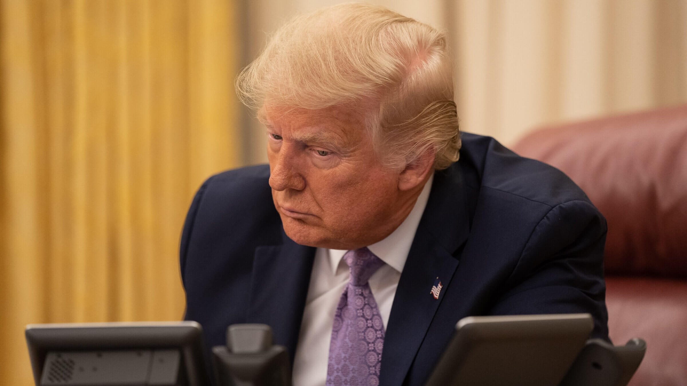 President Donald Trump speaks by phone with Prime Minister Benjamin Netanyahu of Israel and Sheikh Mohammed Bin Zayed of the United Arab Emirates on Aug. 13, 2020.