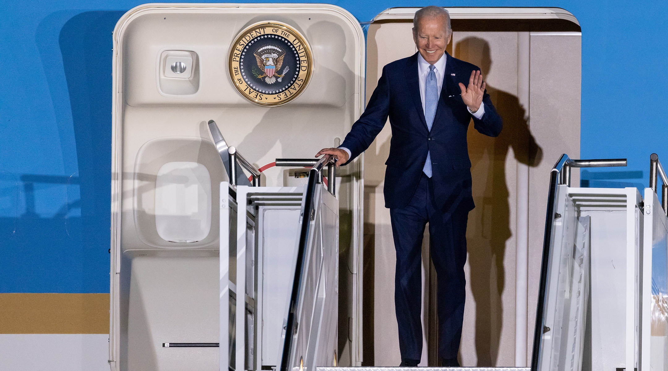 President Joe Biden steps off Air Force One upon arrival in Munich, June 25, 2022. (Daniel Karmann/picture alliance via Getty Images)