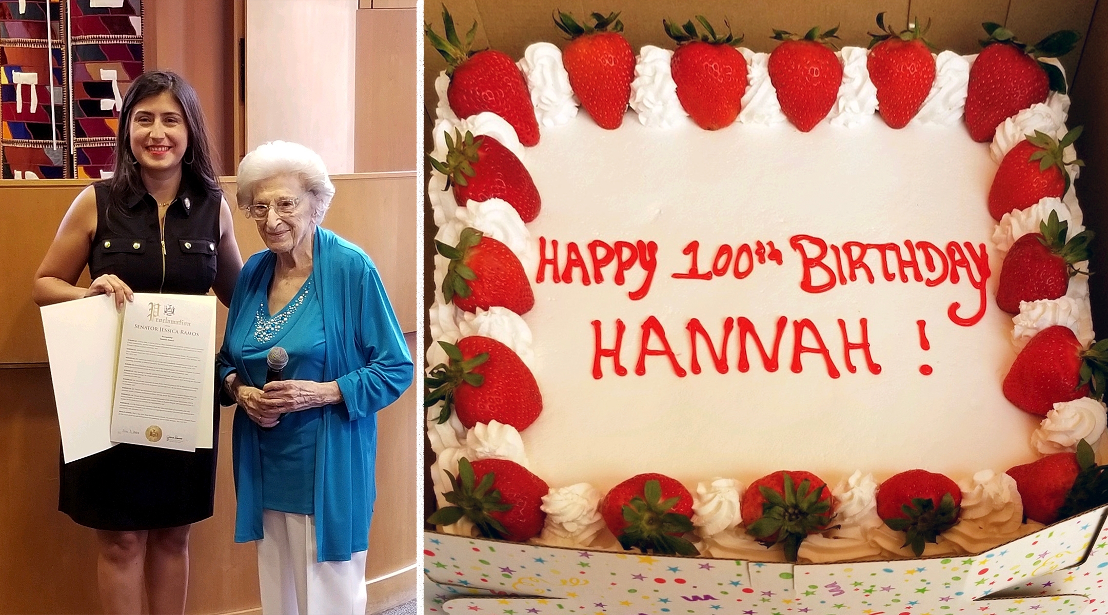 Hannah Deutch, a Holocaust survivor who turned 100 on July 3rd, celebrated her 100th birthday at a kiddush following Shabbat services at the Jewish Center of Jackson Heights, July 9, 2022. State Senator Jessica Ramos holds a proclamation in Deutch’s honor. (Lenore Skenazy)