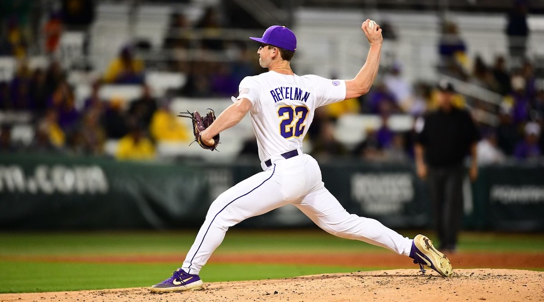 Jewish pitcher Eric Reyzelman, in action for Louisiana State University, has his sights set on a career in Major League Baseball. (Courtesy)