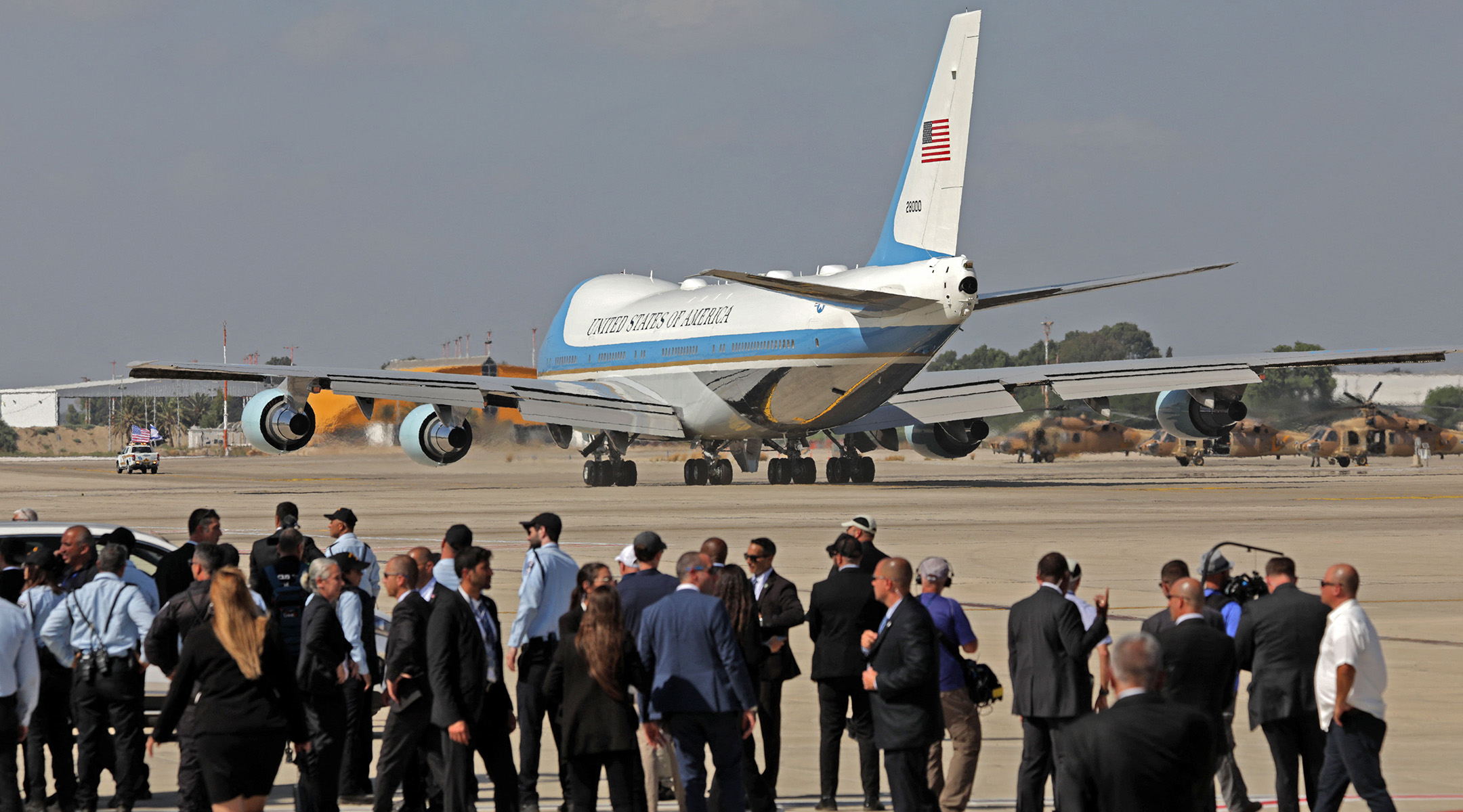 The U.S. president’s aircraft Air Force One prepares for takeoff from Israel’s Ben Gurion Airport, July 15, 2022. (Abir Sultan/Pool/AFP via Getty Images)