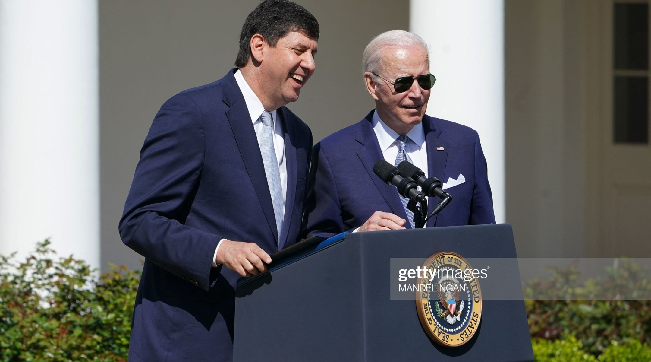 Steve Dettelbach, director of the Bureau of Alcohol, Tobacco, Firearms, and Explosives, being nominated for the position with President Joe Biden in the White House Rose Garden in Washington, D.C., April 11, 2022. (Mandel Ngan/AFP via Getty Images)