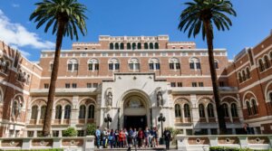 Prospective students take a tour of the University of Southern California. (Jeffrey Greenberg/Universal Images Group via Getty Images)