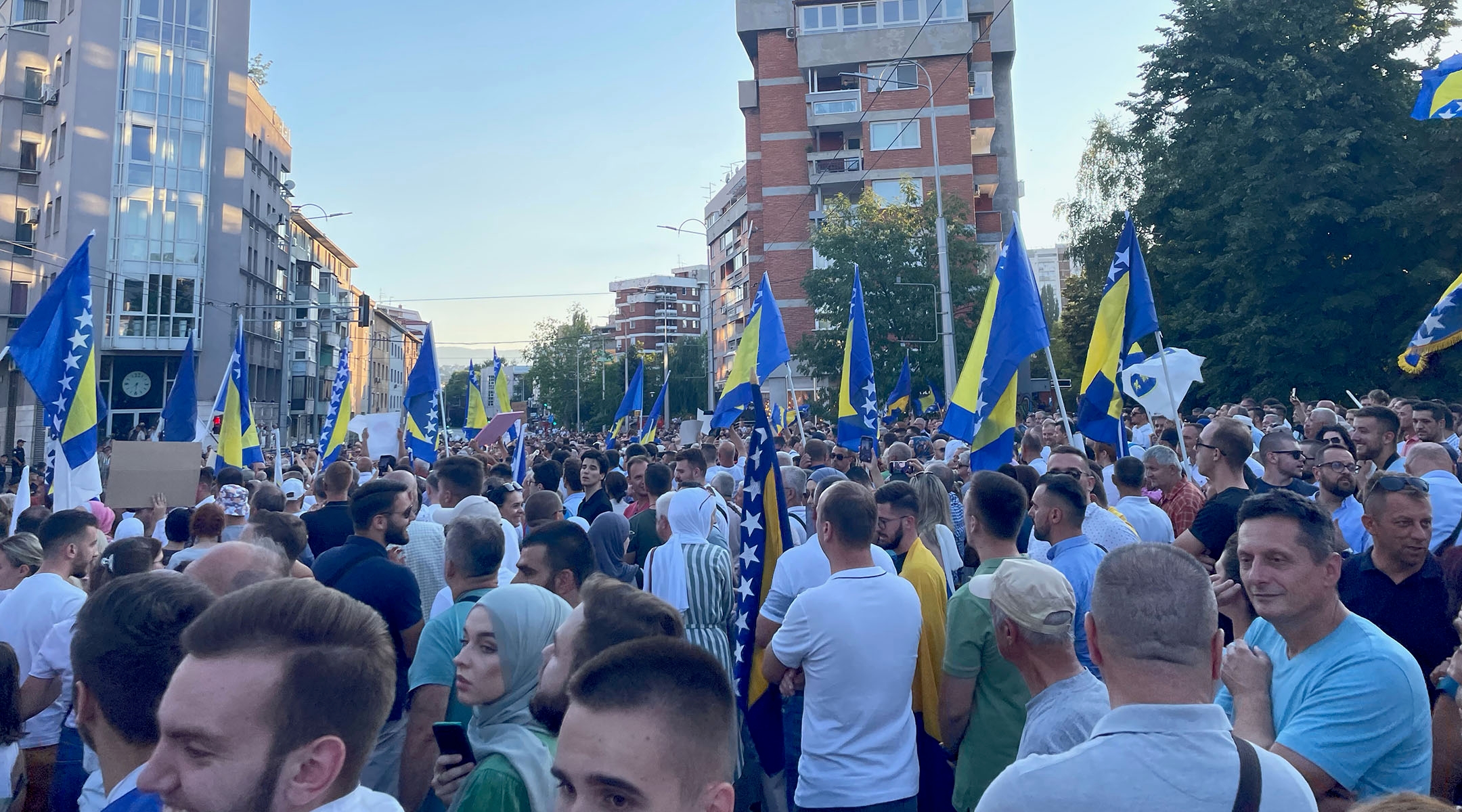 Protesters gather outside the Office of the High Representative of Bosnia and Herzegovina, in Sarajevo, July 25, 2022. (David I. Klein)