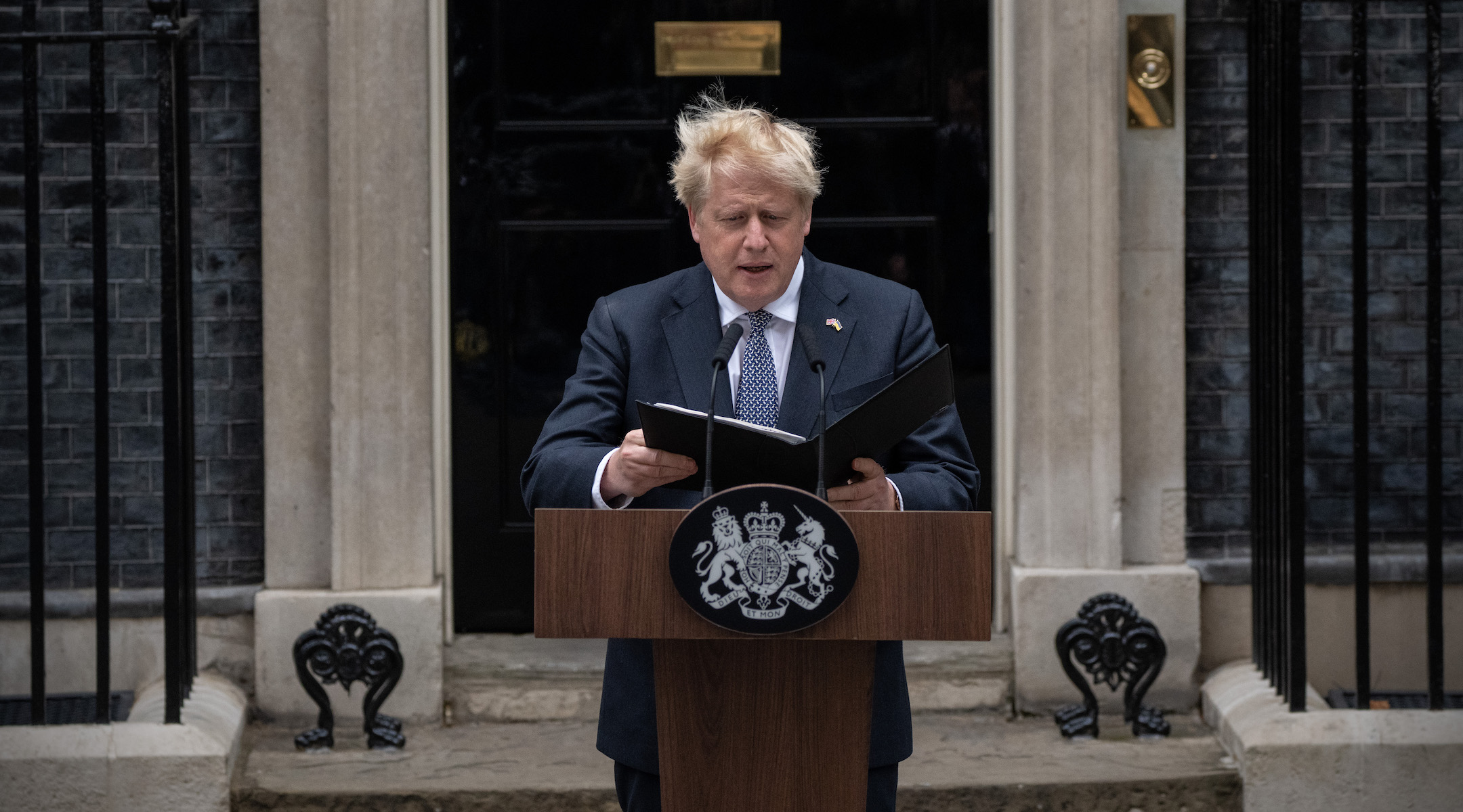 U.K. Prime Minister Boris Johnson announces his resignation outside 10 Downing Street in London, July 7, 2022. (Carl Court/Getty Images)