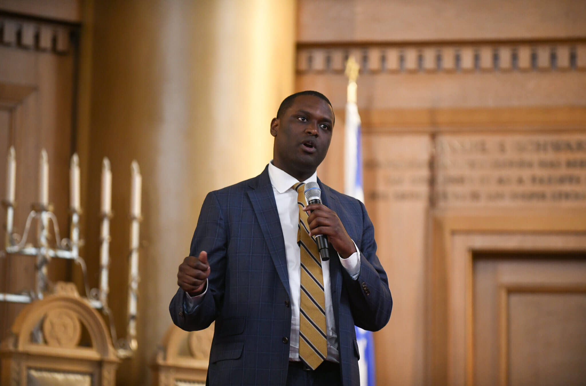 U.S. Rep. Mondaire Jones at a candidate forum for New York's 10th Congressional District co-hosted by the Forward at at Congregation Beth Elohim (CBE) in Brooklyn on July 26, 2022.